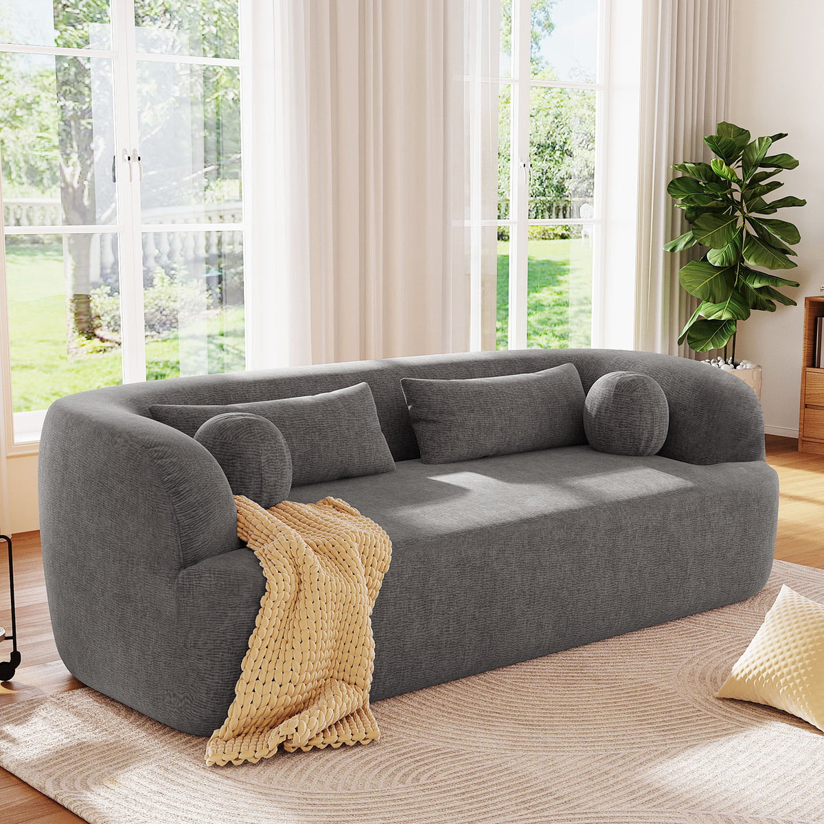 Gray Chenille 3-Seat Curved Sofa, No Assembly, 86 in Wide
