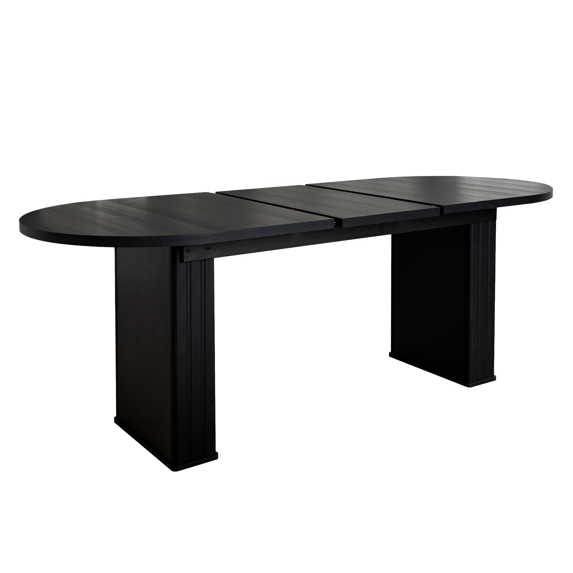 Studio view of the black oval table with the top opened and center leaf panels separated