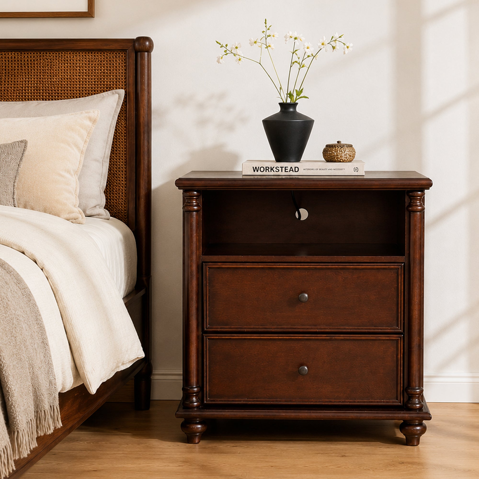 28 in Walnut Nightstand with 2 Drawers and Charging