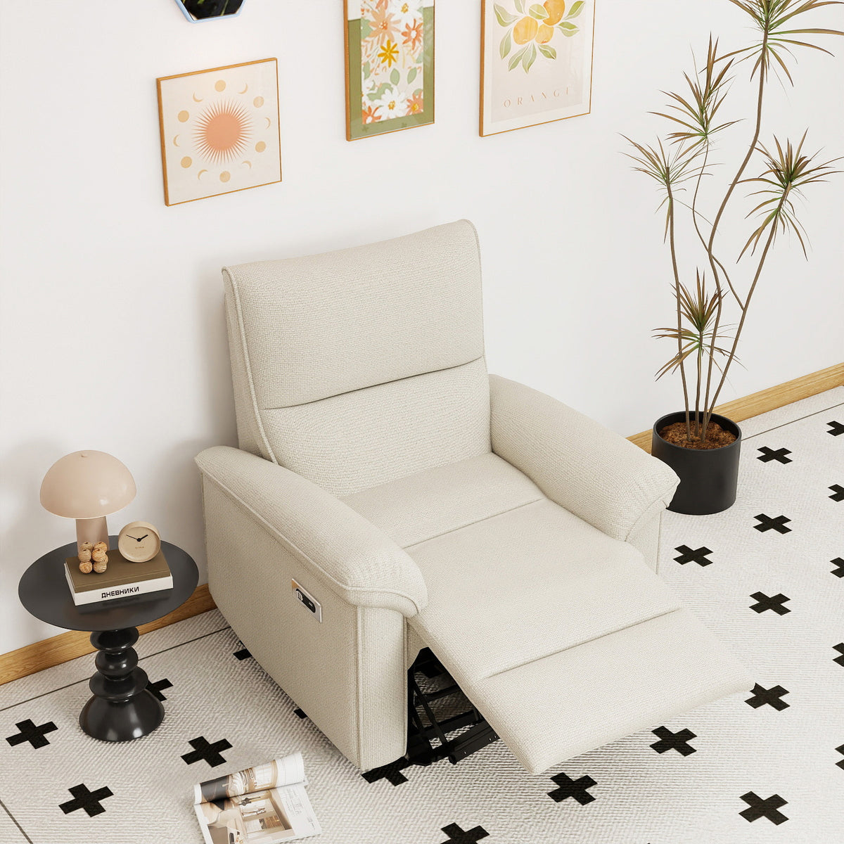 Beige Velvet Power Wall Hugger Recliner, USB Charging