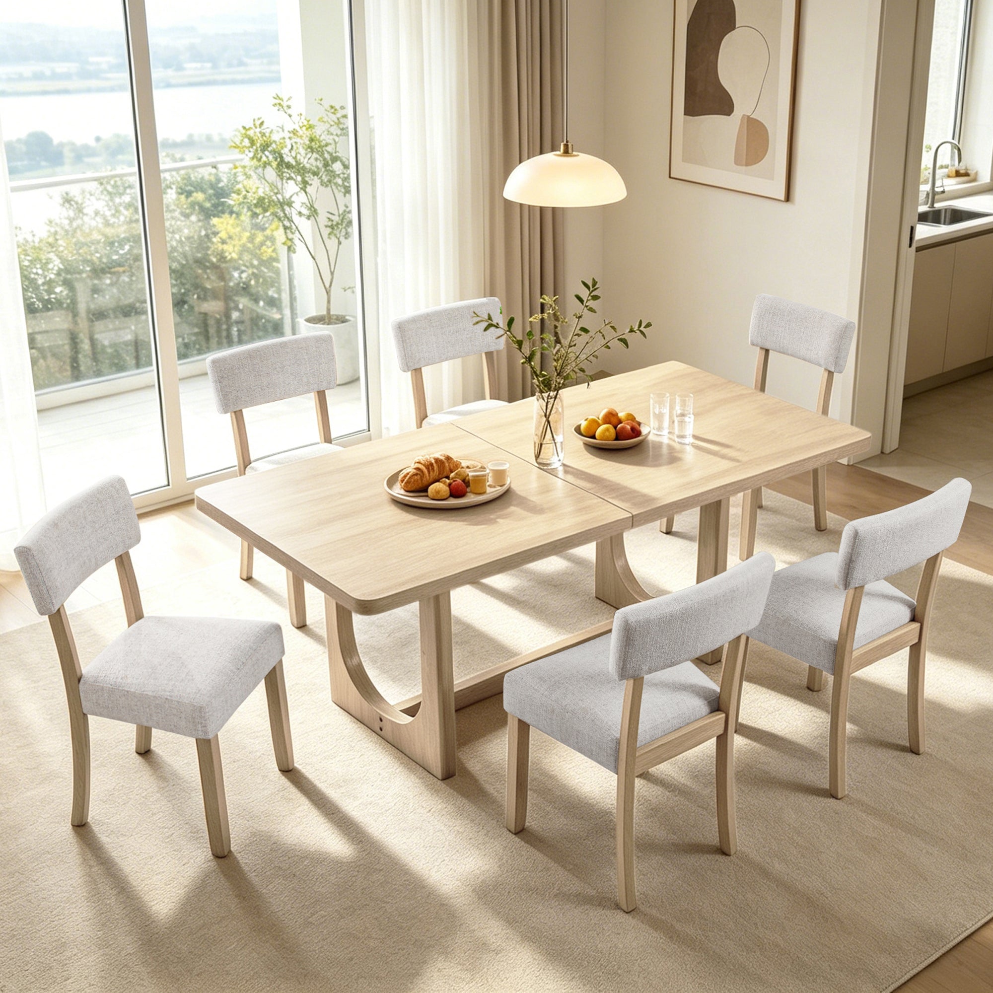 7-Piece Dining Set for 6, 68-Inch Light Oak Table + 6 Linen Chairs