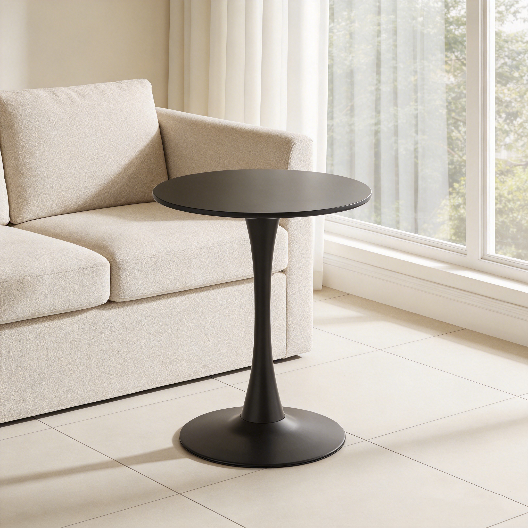 Black round bistro table with tulip pedestal next to a beige sofa by a bright window