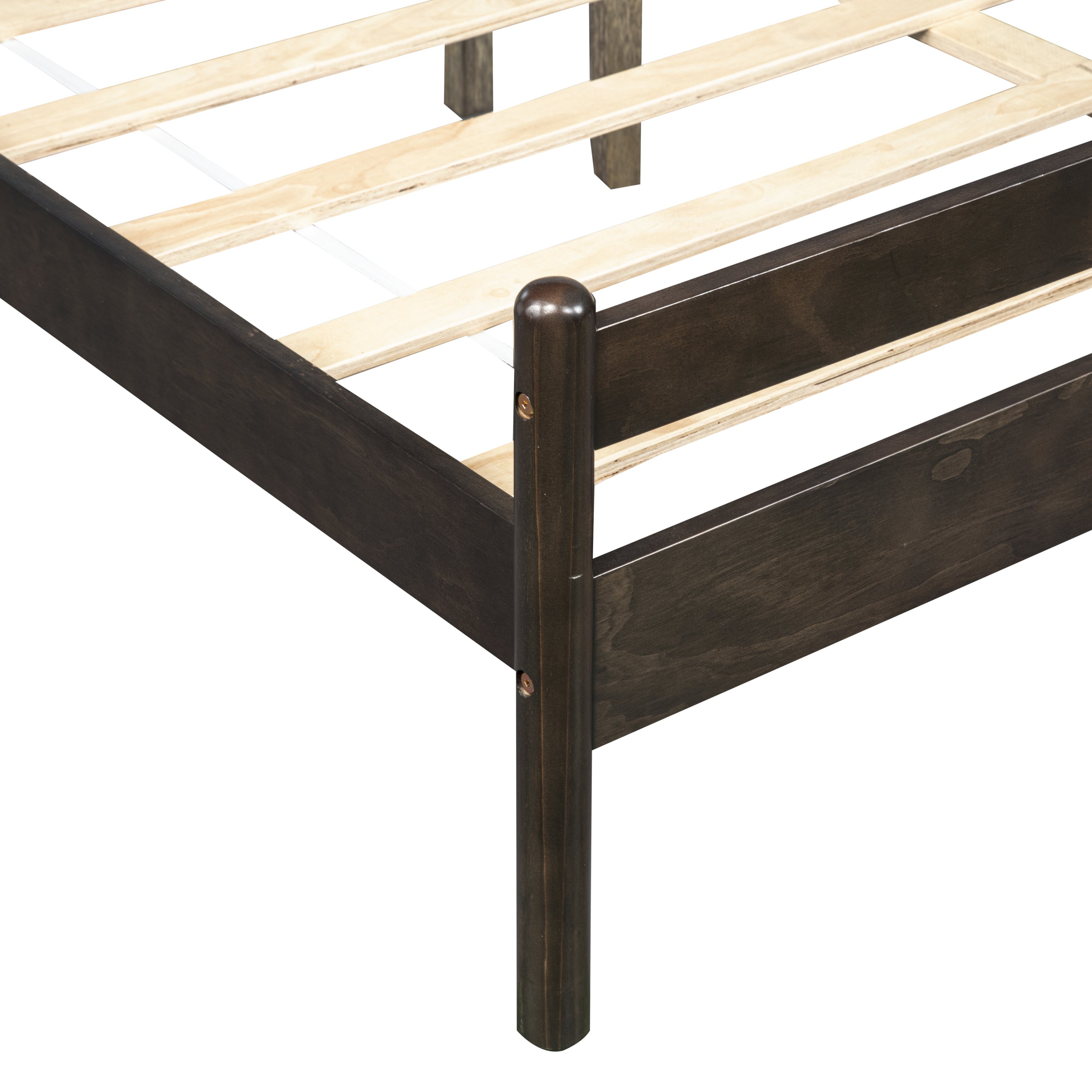 Close-up of a foot corner post and rail joint on the brown pine bed frame #Color_Brown