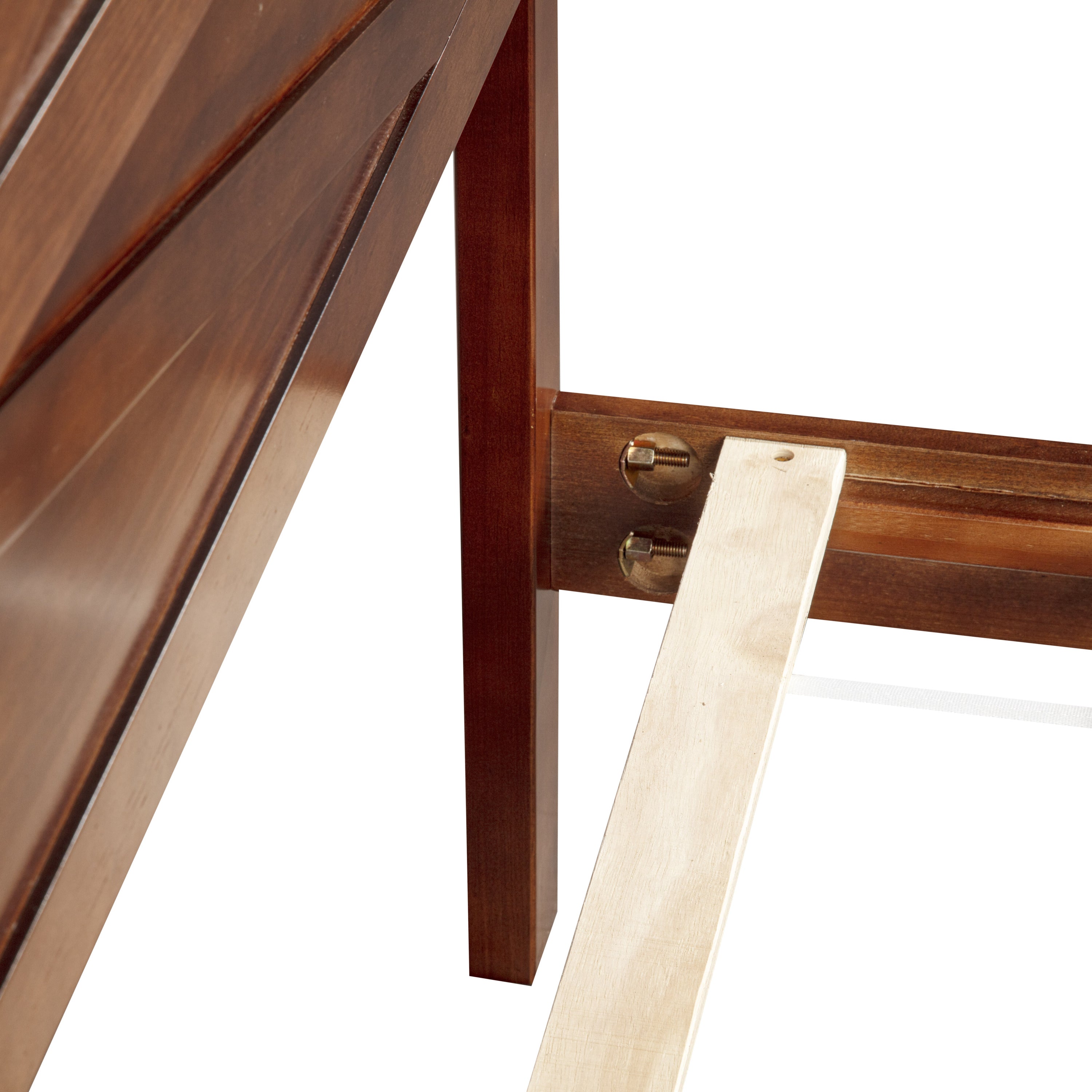 Close-up of footboard corner and leg, farmhouse walnut king bed frame