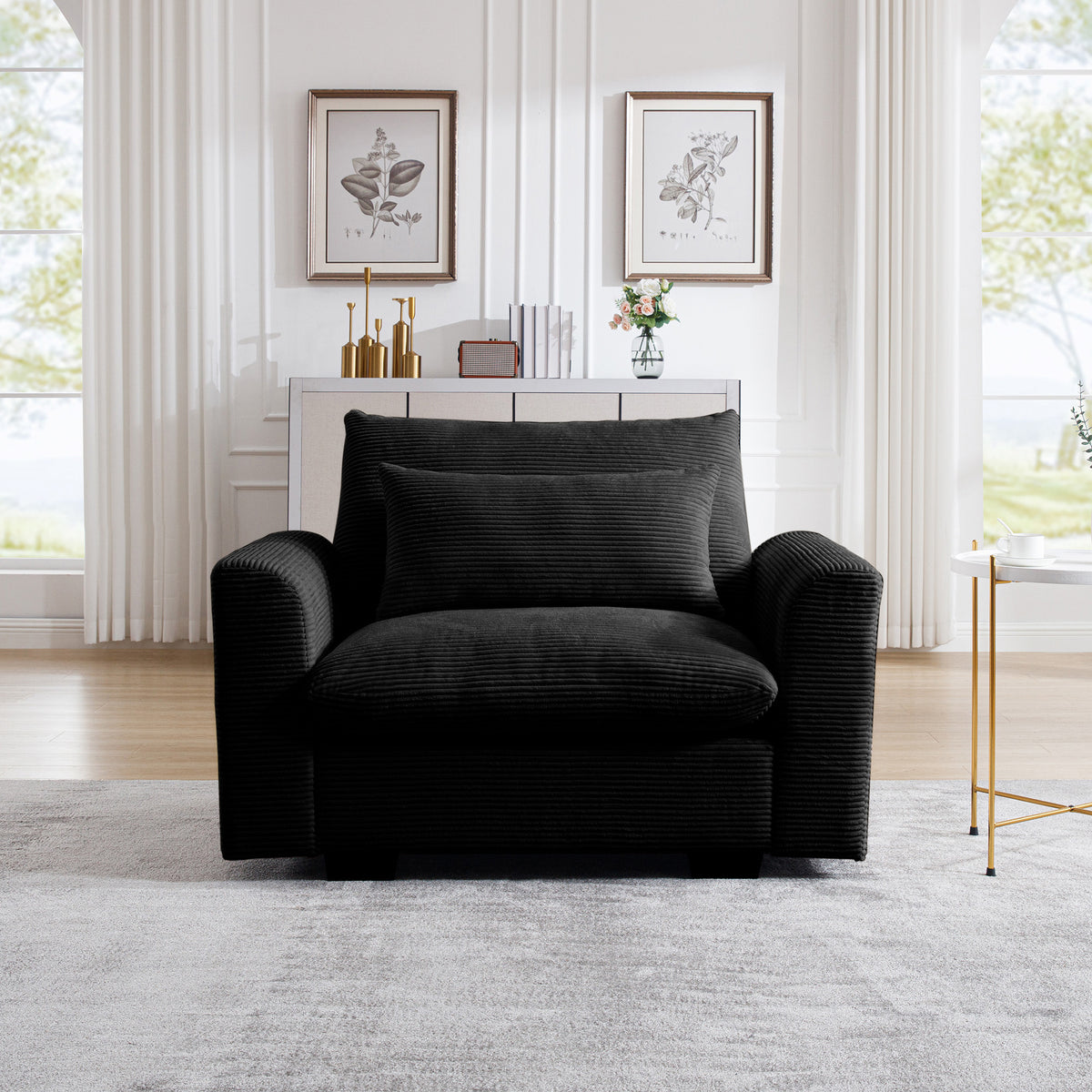 Black Corduroy Accent Chair, Lumbar Pillow