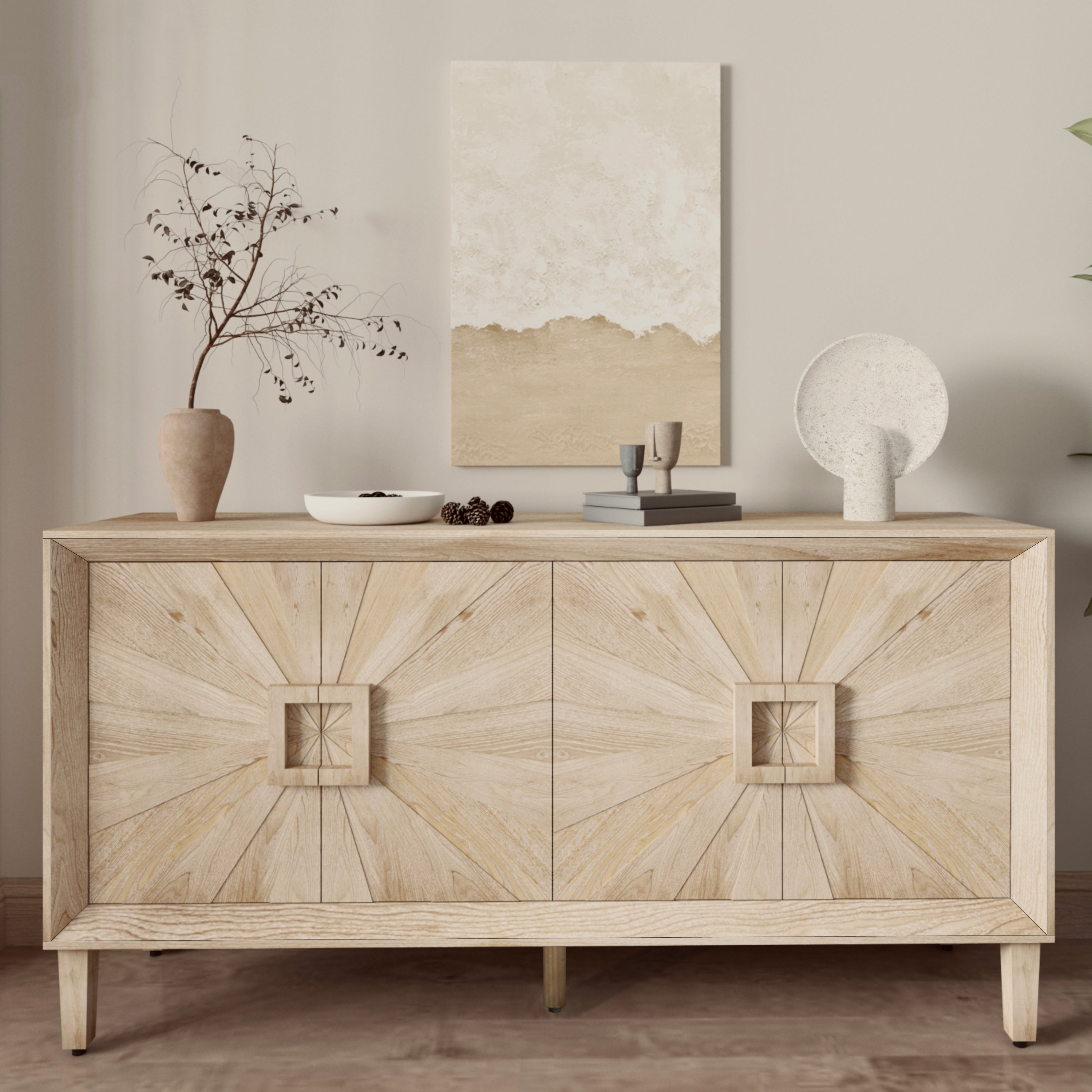 Natural Farmhouse Credenza, 60in Sunburst 4-Door Sideboard