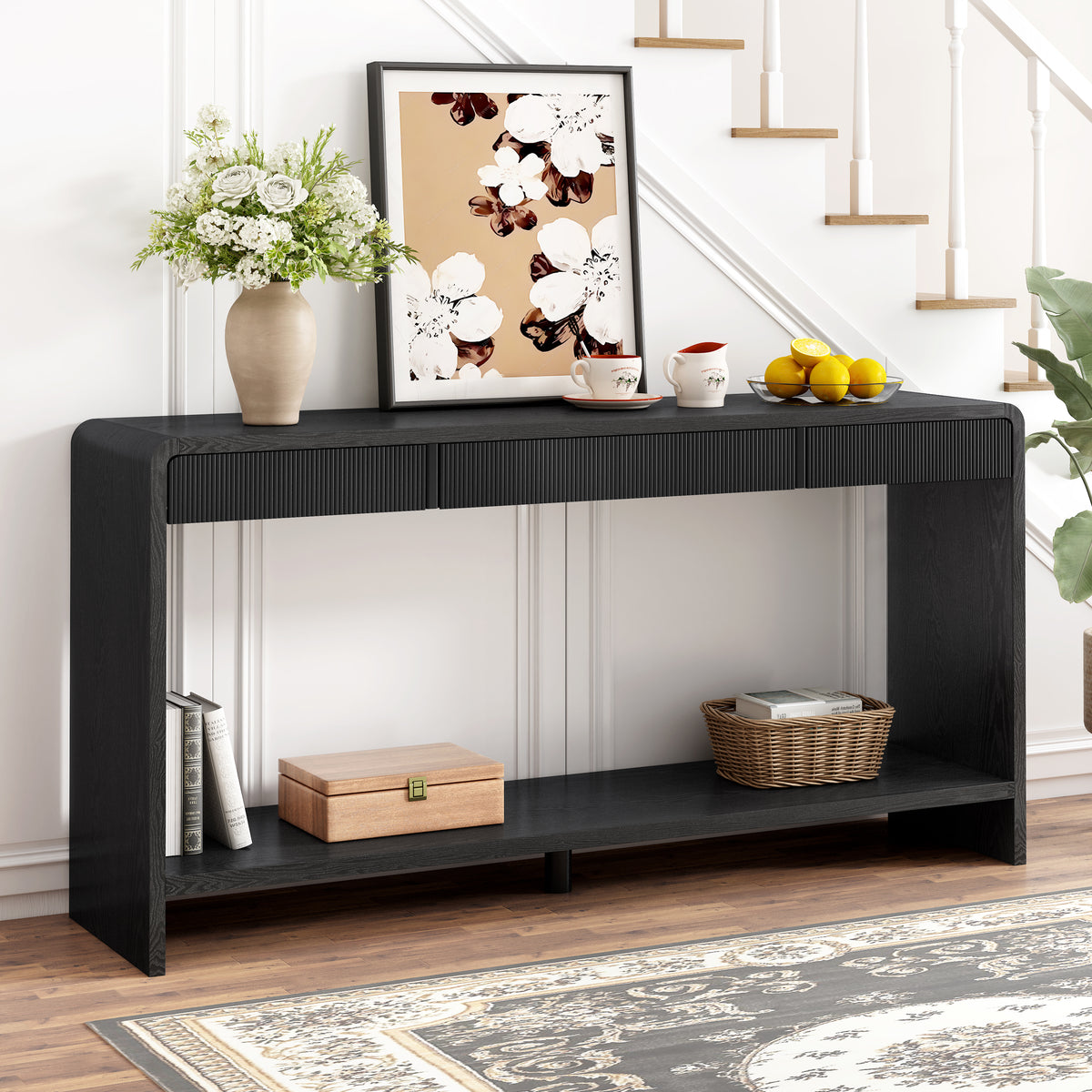 Black Entryway Console Table, 3 Drawers, 59 in Wide
