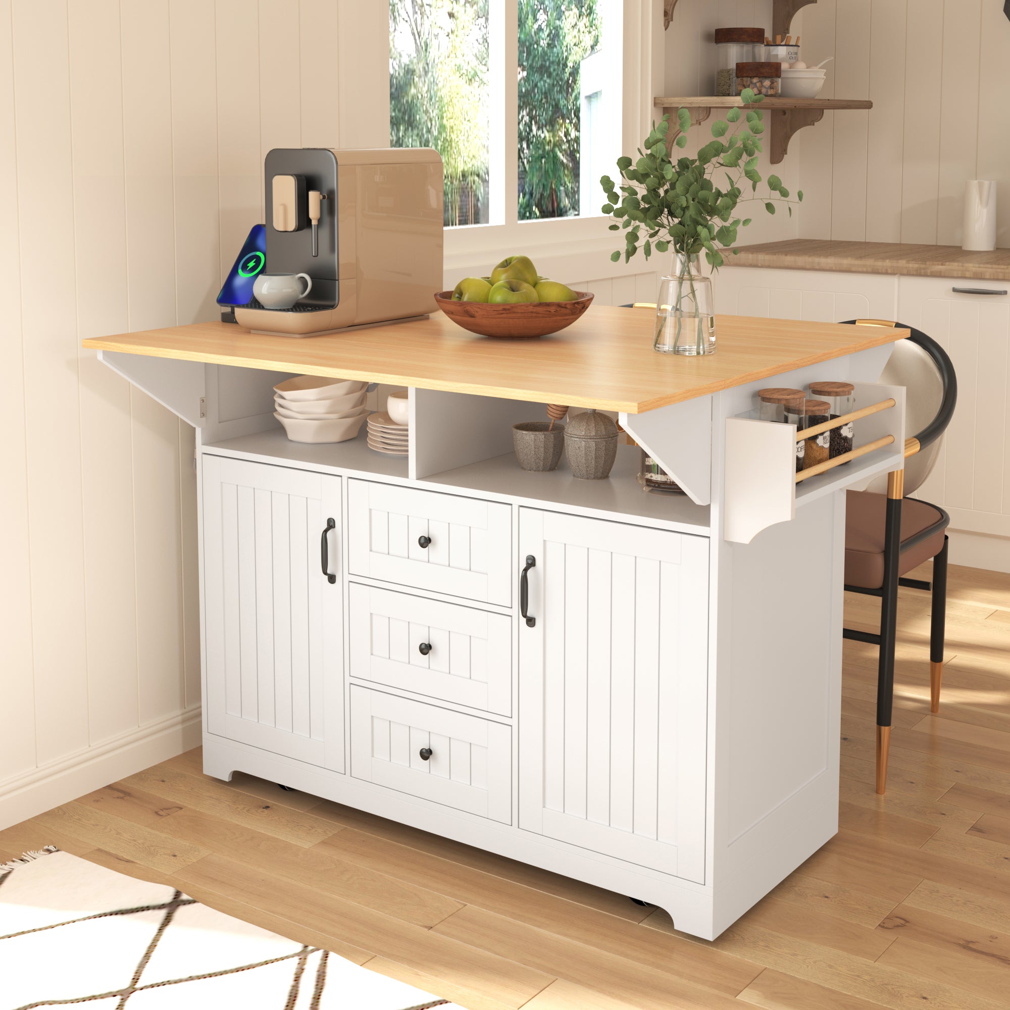 Farmhouse Kitchen Island, White, Dual Drop-Leaf with 3 Drawers