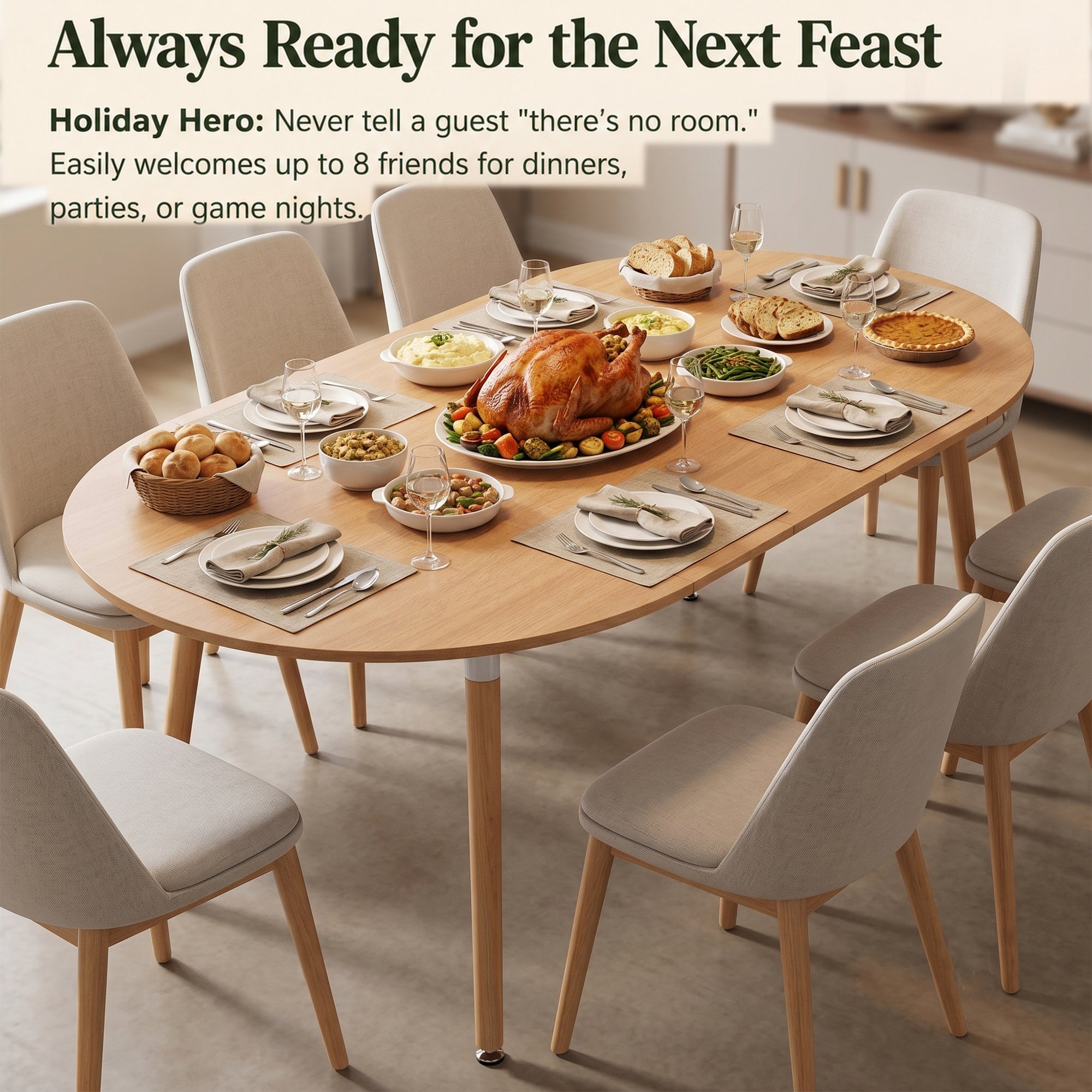 Feature graphic of the oval table set for a feast with beige chairs, titled Always Ready for the Next Feast