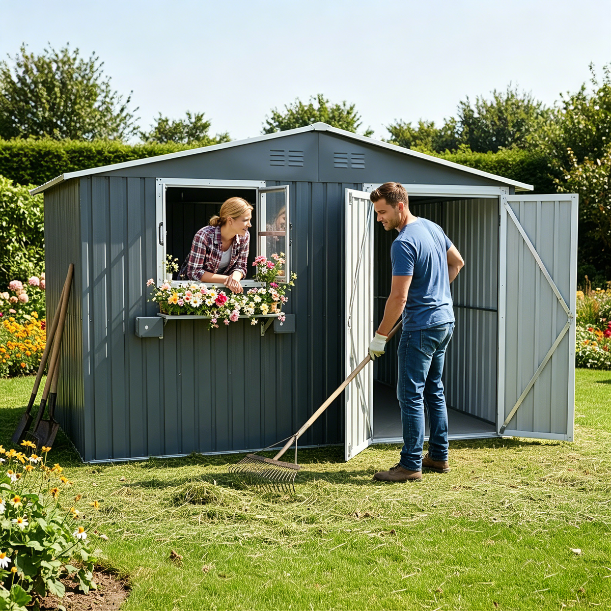 8x10 ft Gray Metal Storage Shed with Window