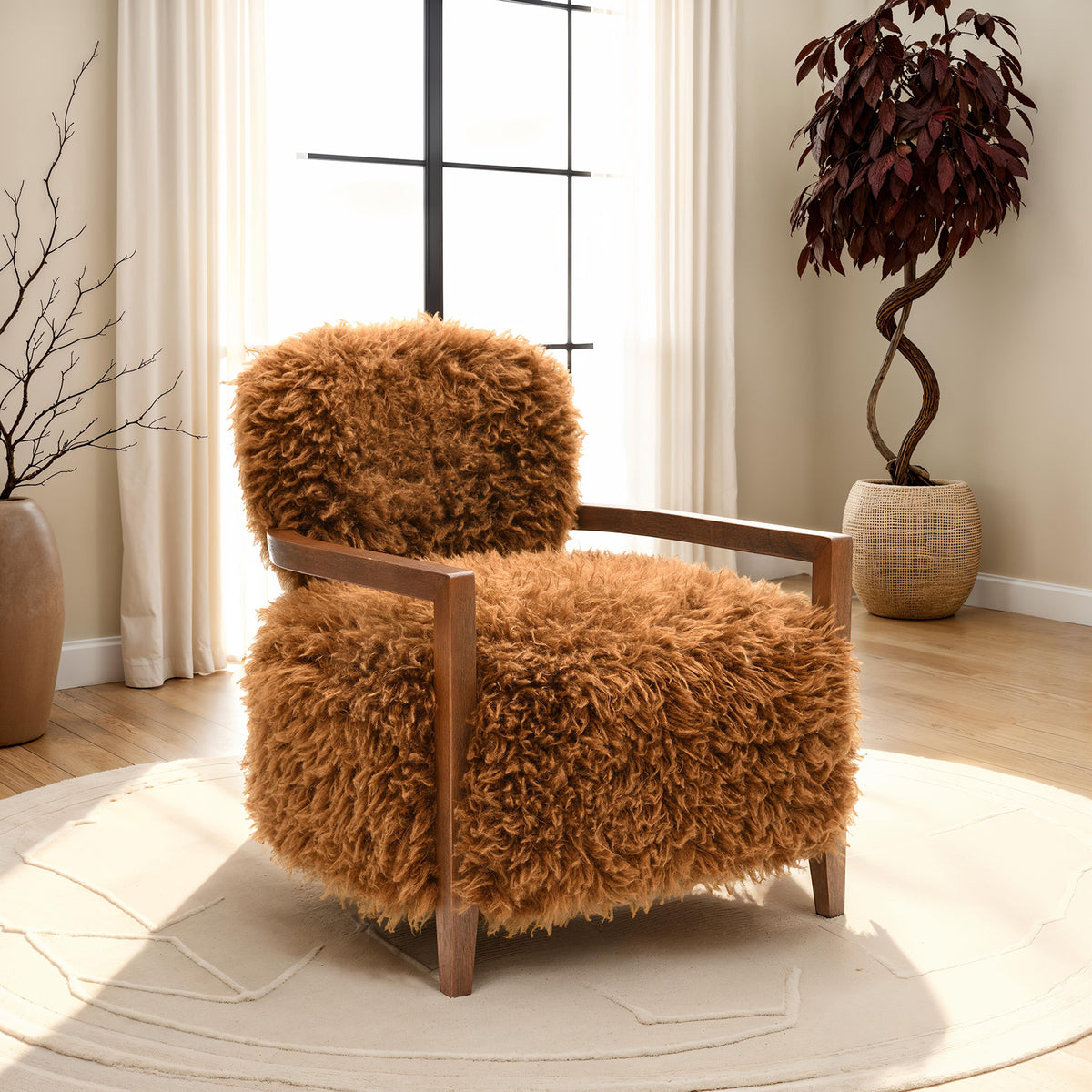 Camel Faux Fur Accent Chair, 28 in Wide
