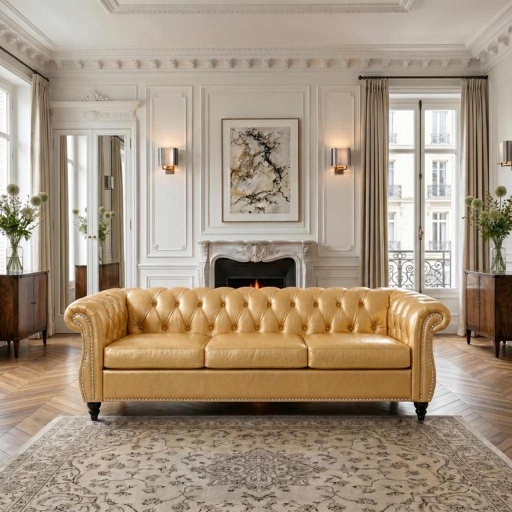 Gold Vegan Leather 3-Seat Chesterfield Sofa, 84.7 in Wide