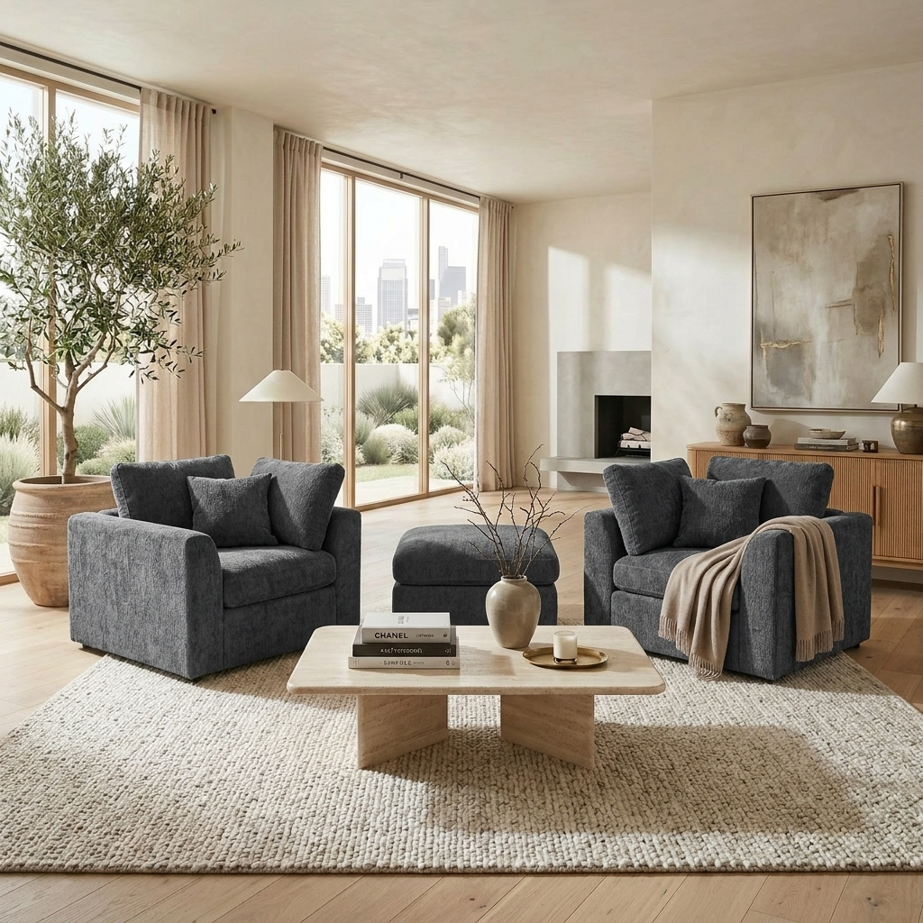 Gray Chenille Accent Chairs with Ottoman, 3-Piece Set
