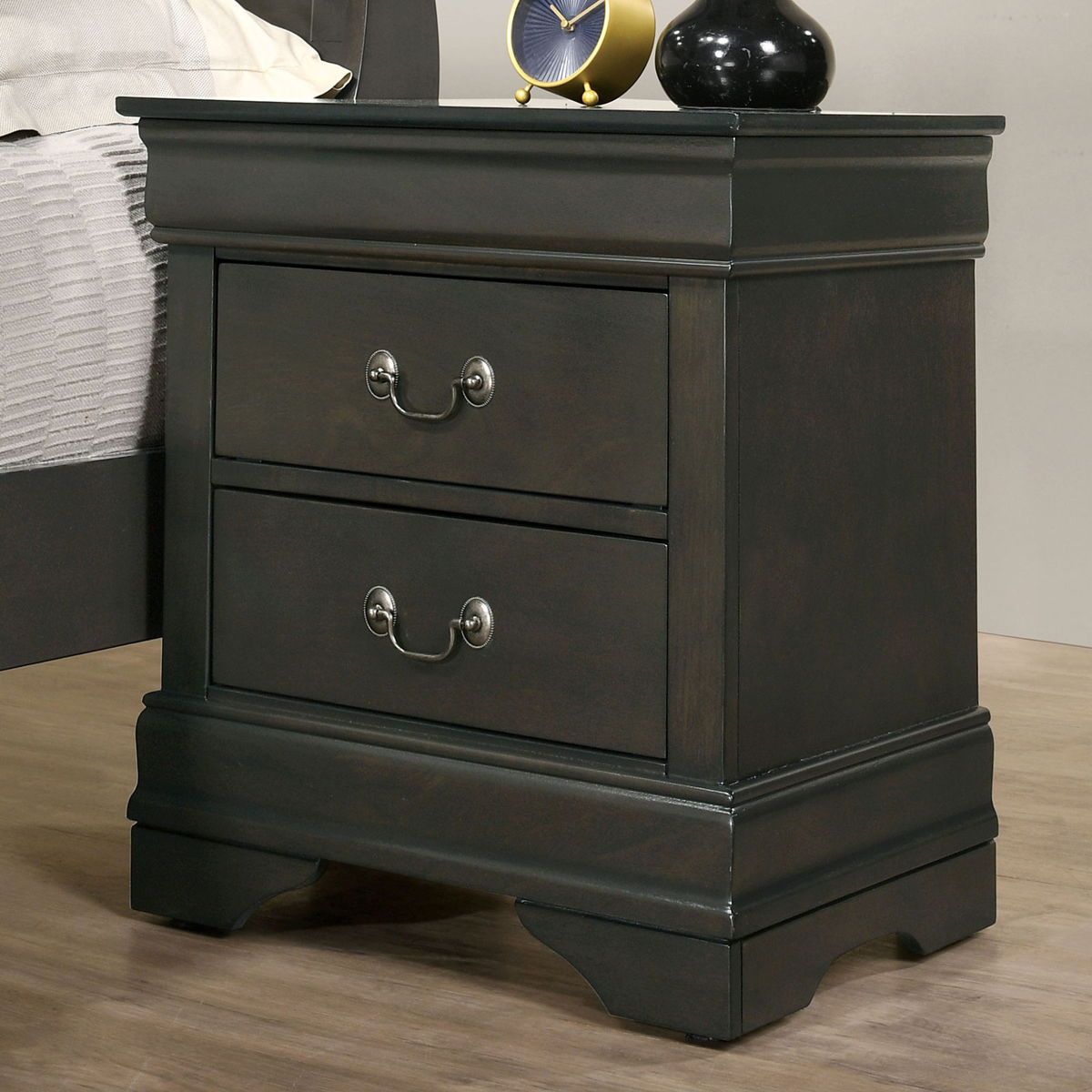 Louis Philippe 2 Drawer Nightstand in Solid Wood, Gray