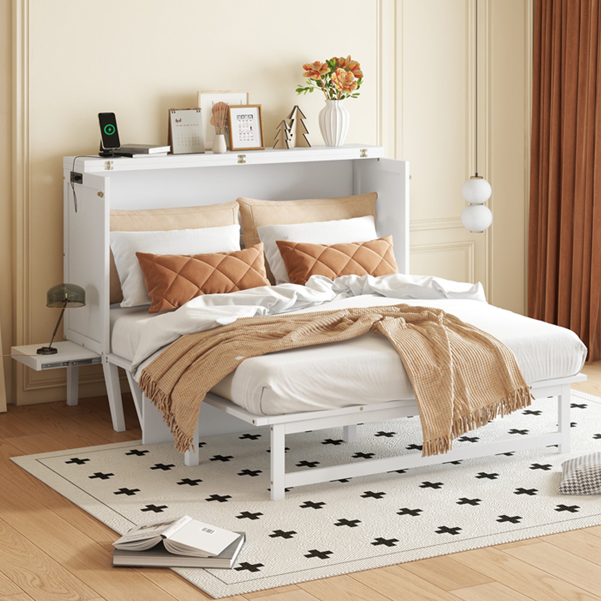 Queen Murphy Cabinet Bed with Removable Side Shelves