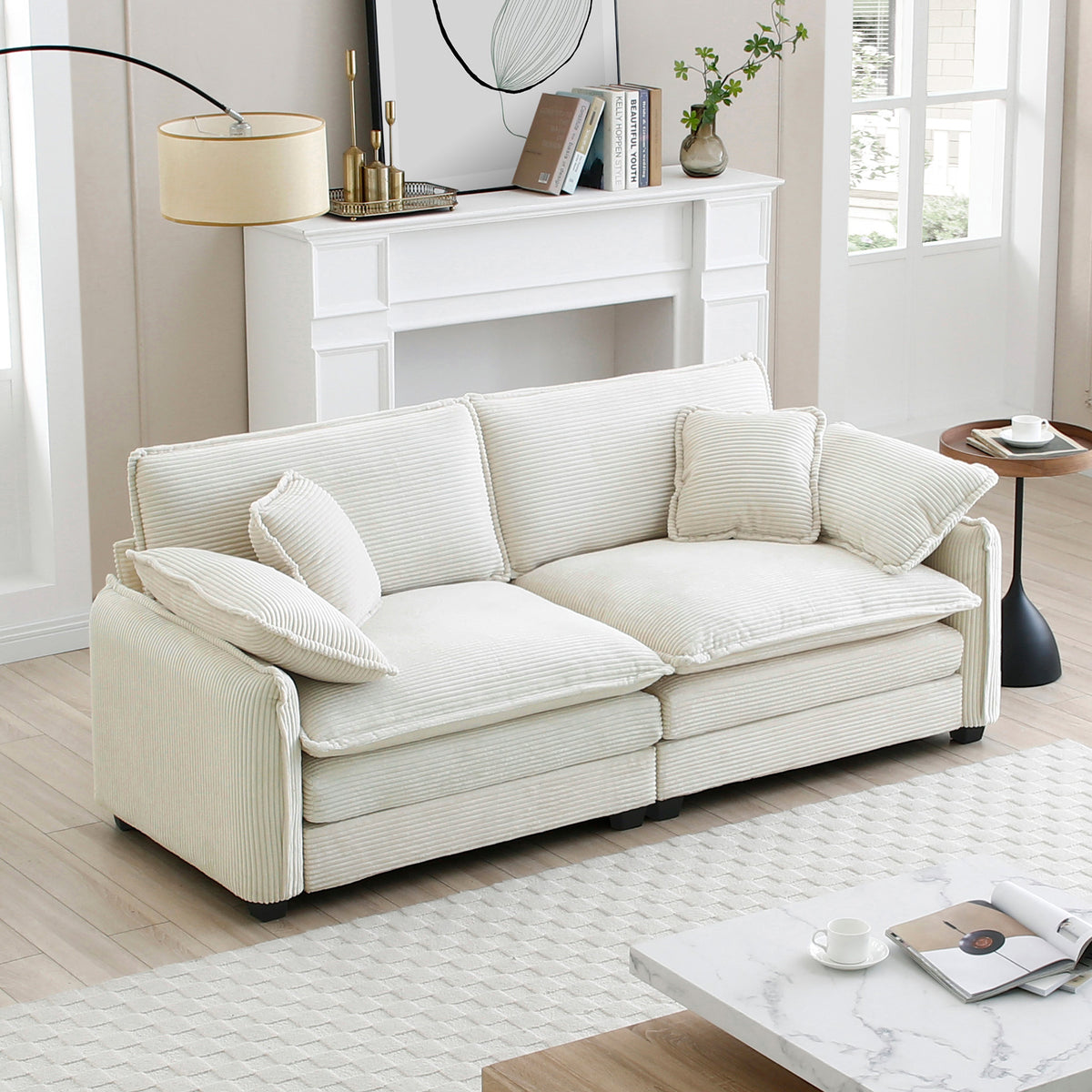 Beige Corduroy 2-Seat Couch, Deep Seat
