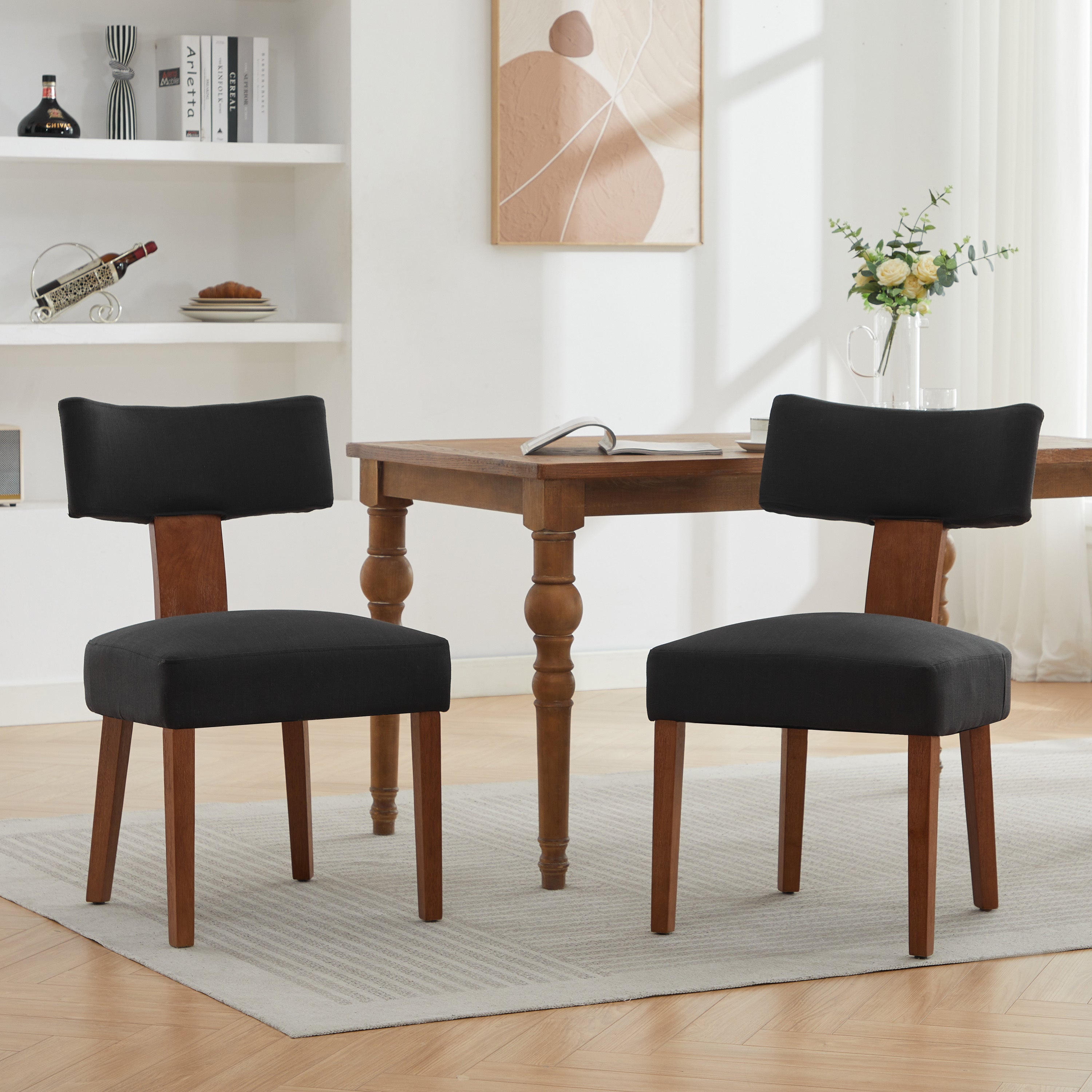 Linen Dining Chairs Set of 2, Black Armless with Wood Legs