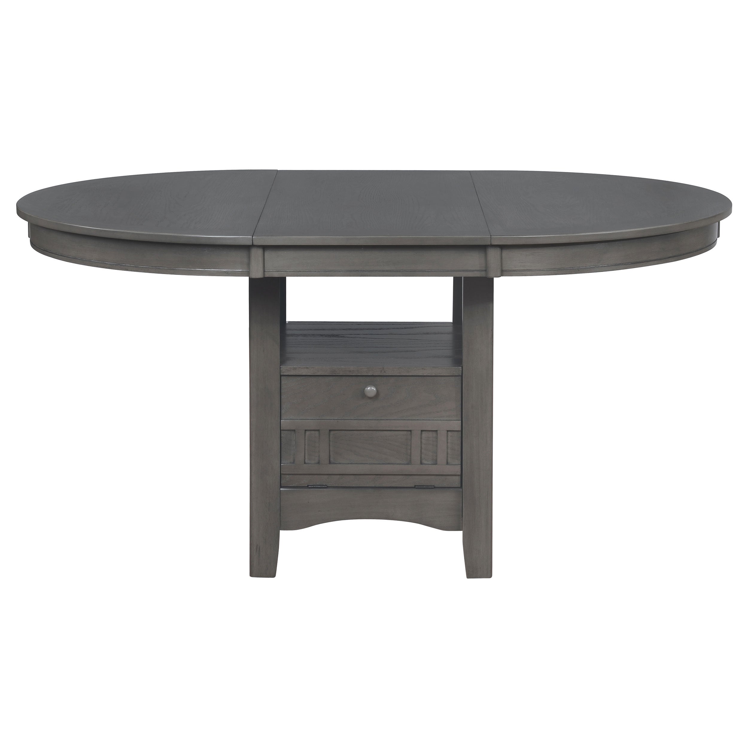 Grey oval dining table, front view showing the pedestal drawer, white studio background