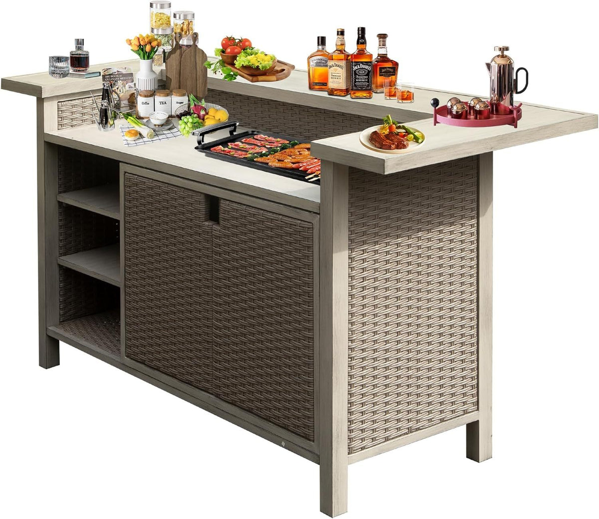 Beige Aluminum Outdoor Bar Table with Storage, 76 in Wide