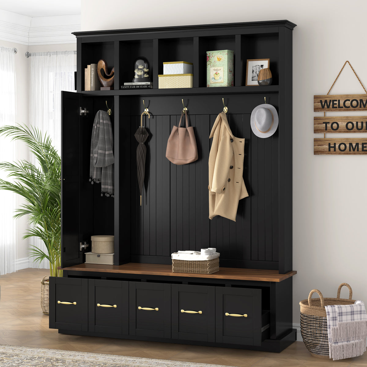 Black Hall Tree with Bench and Shoe Storage, 59 in Wide, 78.7 in Tall