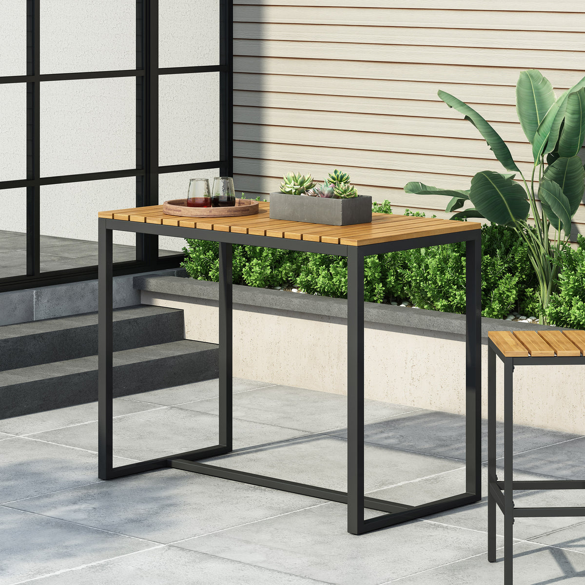 Black Metal Outdoor Bar Table with Acacia Wood Top, 51.3 in Wide