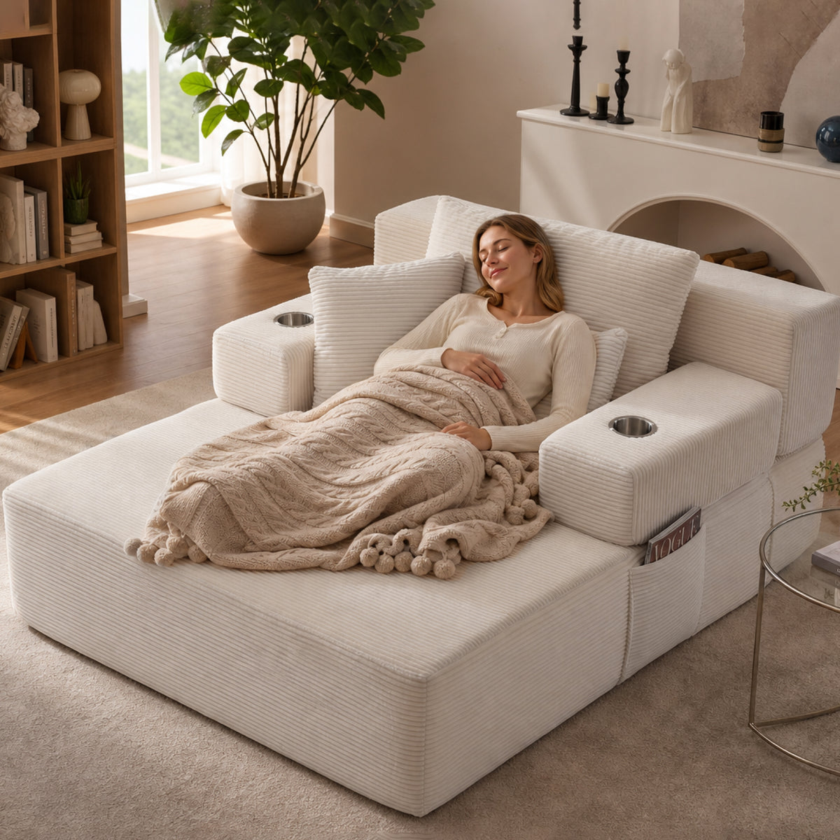 White Corduroy Sleeper Sofa, 60.2 in Wide