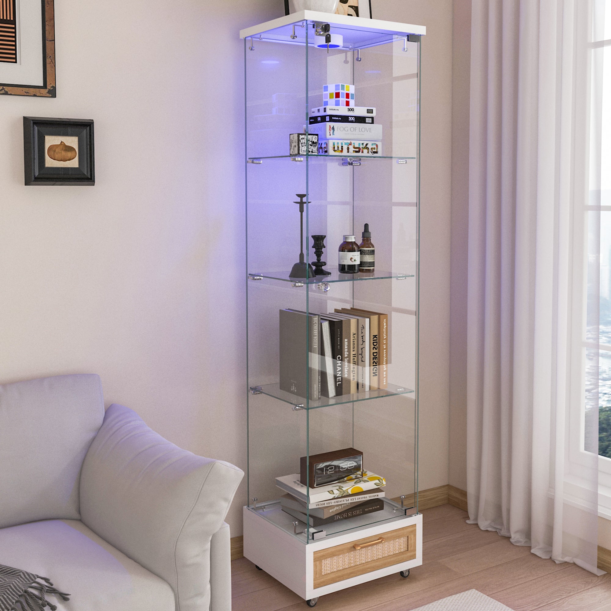 Modern Bookcase with Doors and Lock, 16.7 in, Natural, 65.8 in Tall
