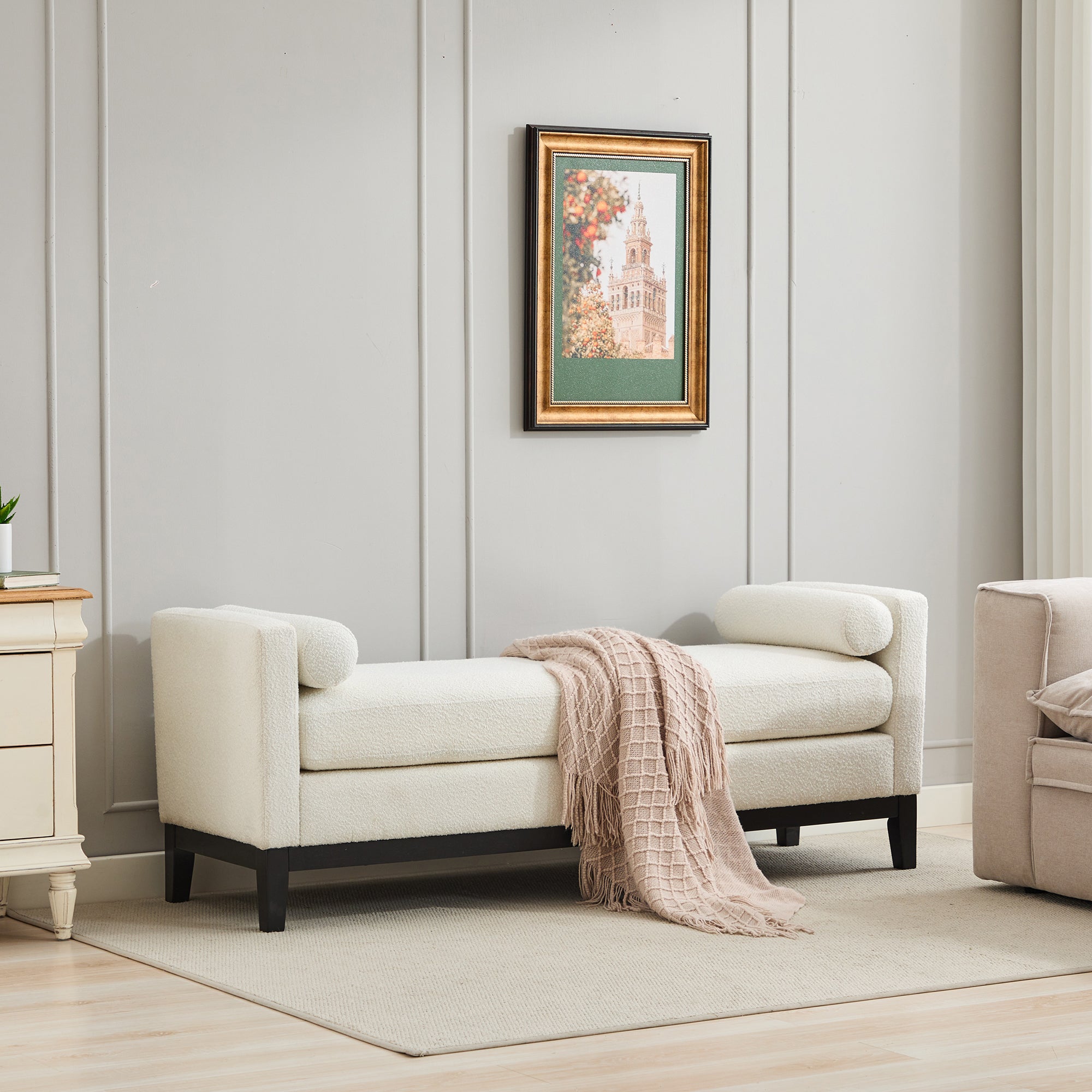 Upholstered Bench, Ivory Boucle, Bolster Arms, Black Legs