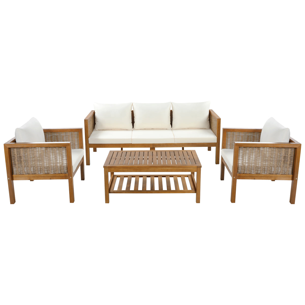 Natural Solid Wood 4-Piece Outdoor Sofa Set with Cushions