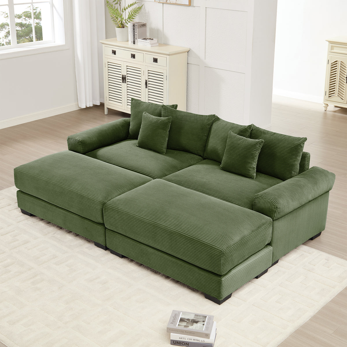 Green Corduroy Modular Sectional with 2 Ottomans, 92 in Wide