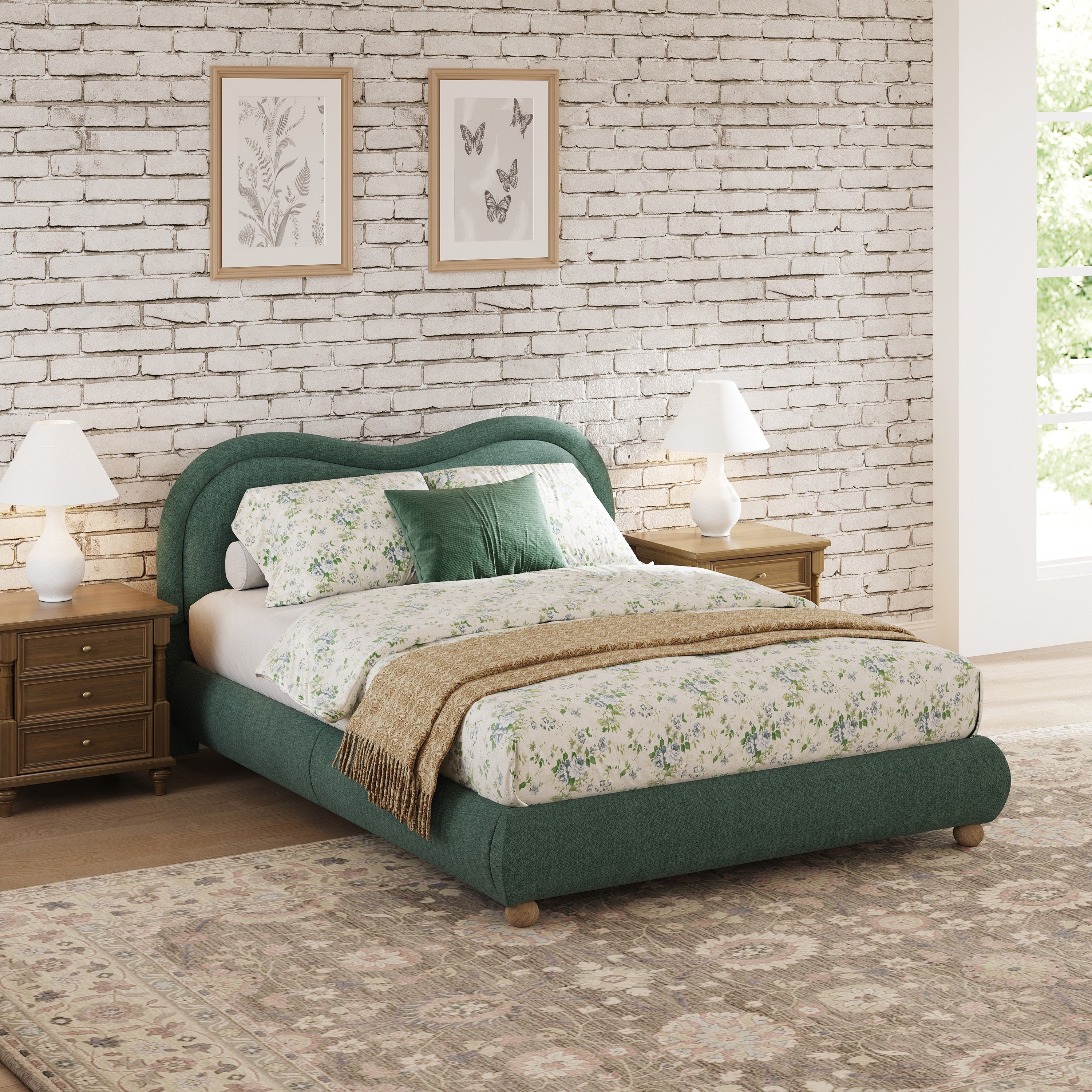 Olive green upholstered queen bed with floral bedding against a white brick wall and wood nightstands #Color_Olive Green