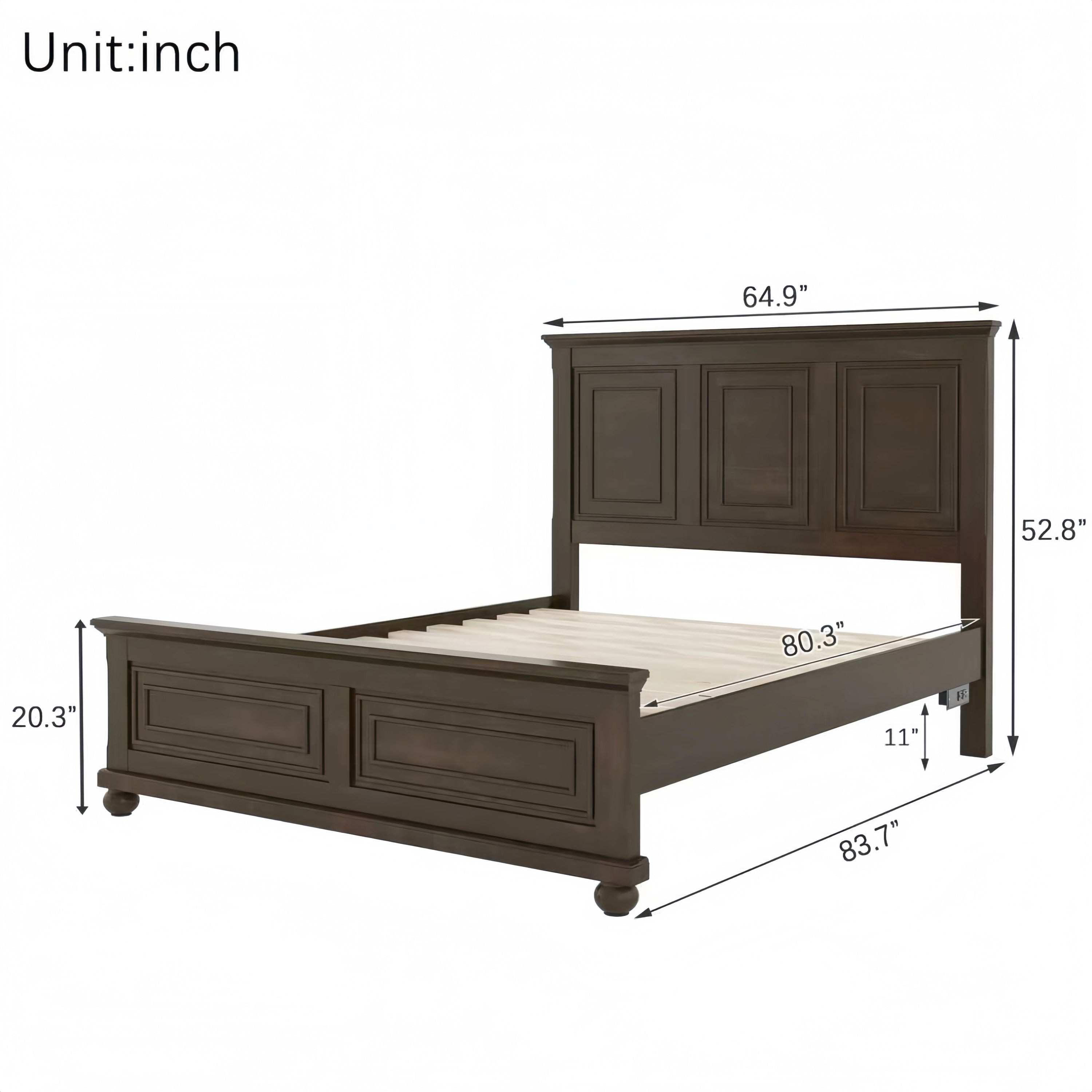 Dimension diagram of the queen bed frame: 83.7 in long, 64.9 in wide, 52.8 in tall headboard, 11 in clearance