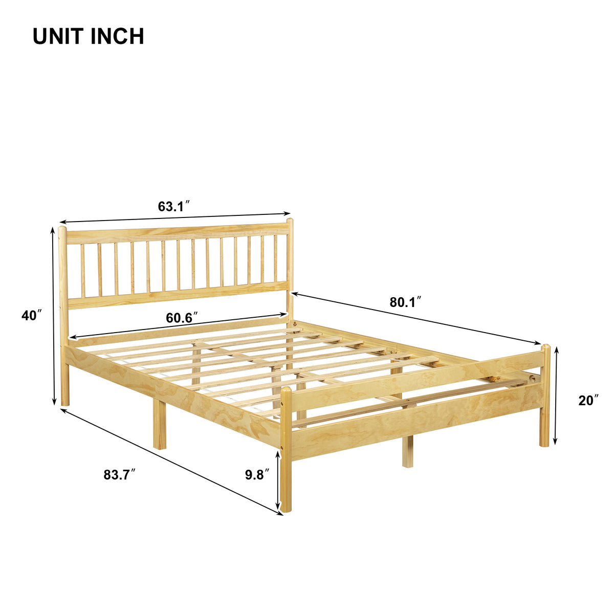 Dimensions diagram of the natural pine queen bed frame in inches