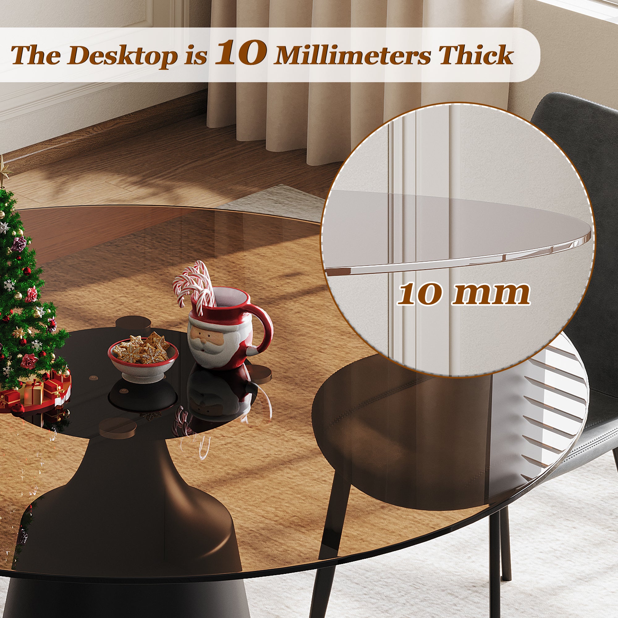 Feature graphic noting the brown glass tabletop is 10 millimeters thick, with a close-up inset