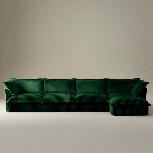 Fluffy Corduroy 4-Seat Couch – Emerald with Ottoman, Washable