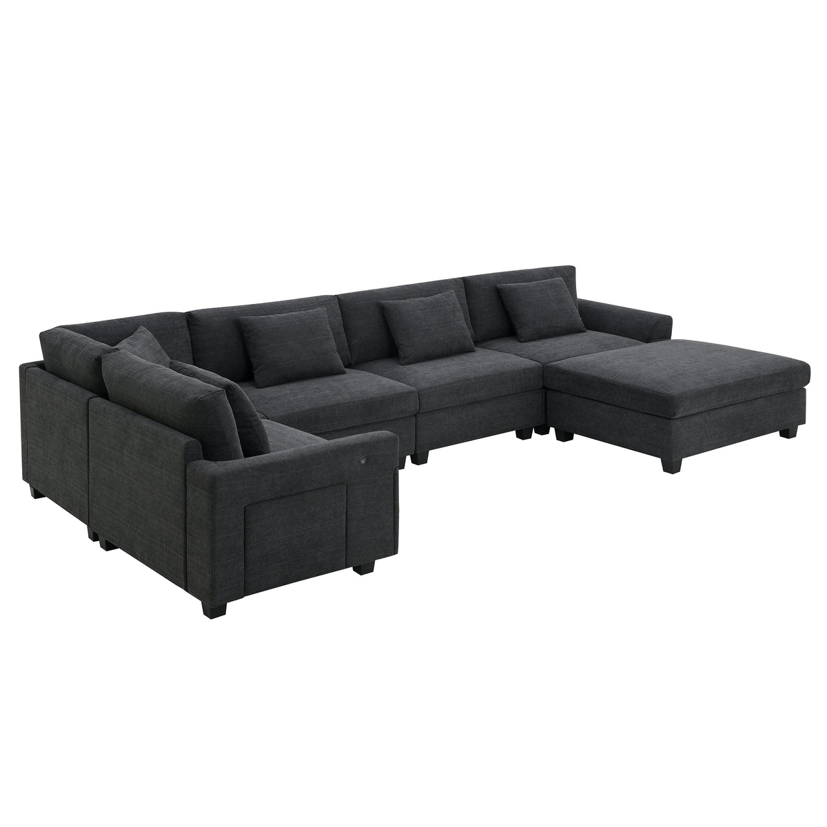 Black Chenille L-Shaped Sectional Couch with Ottoman, 128 in Wide