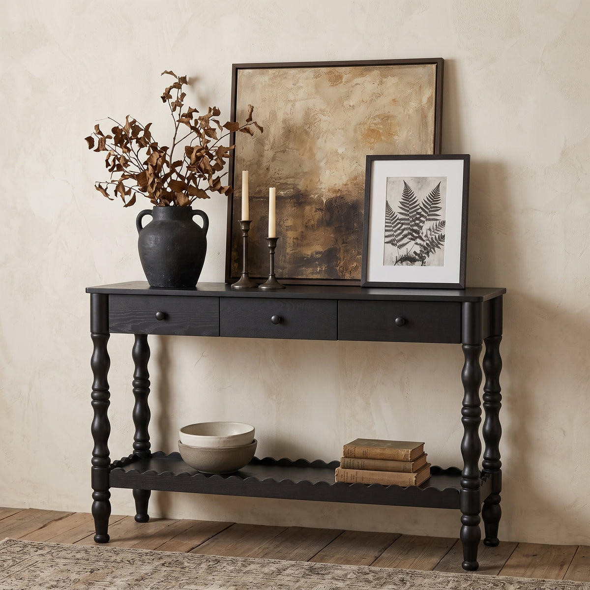 Black Entryway Console Table, 3 Drawers, 47.2 in Wide