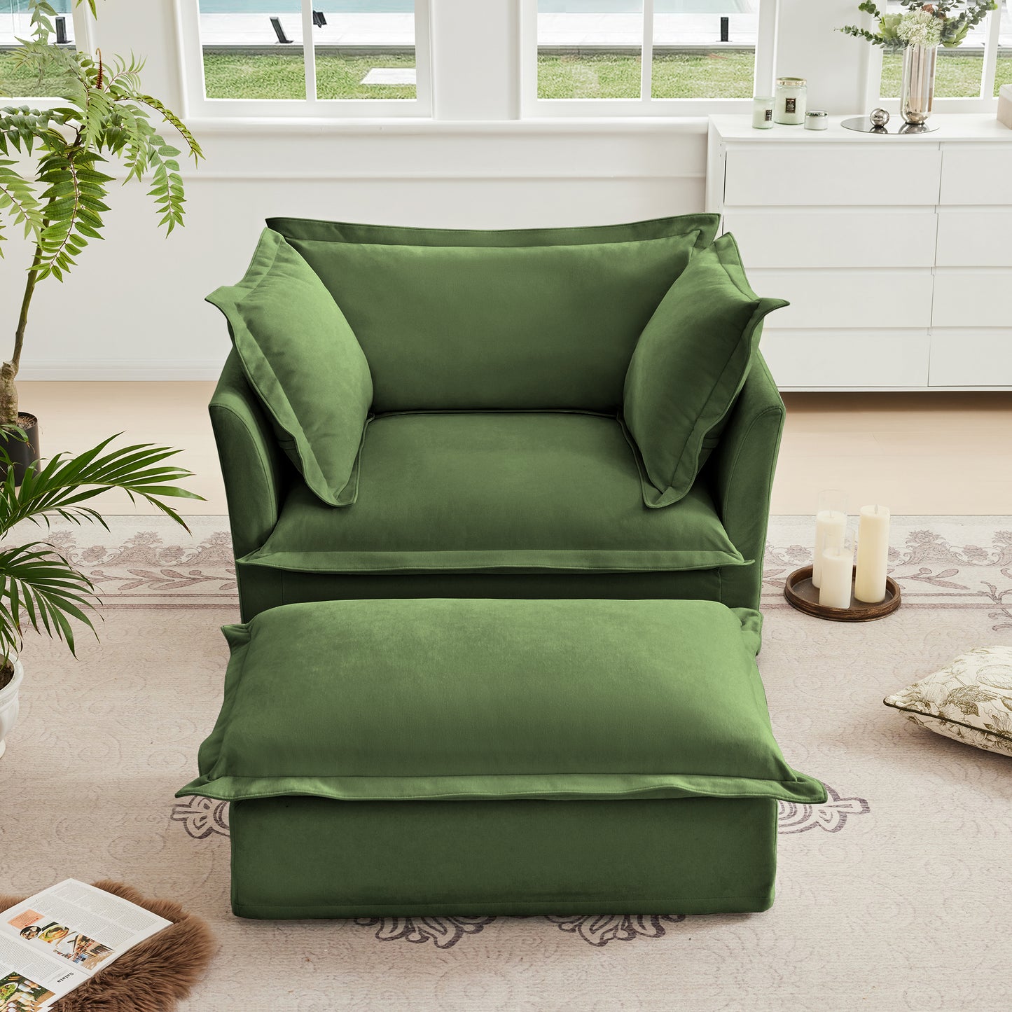 Fluffy Chair 1-Seat Sofa – Green Chenille with Ottoman, Washable