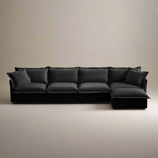 Fluffy Chenille 4-Seat Couch – Black with Ottoman, Washable