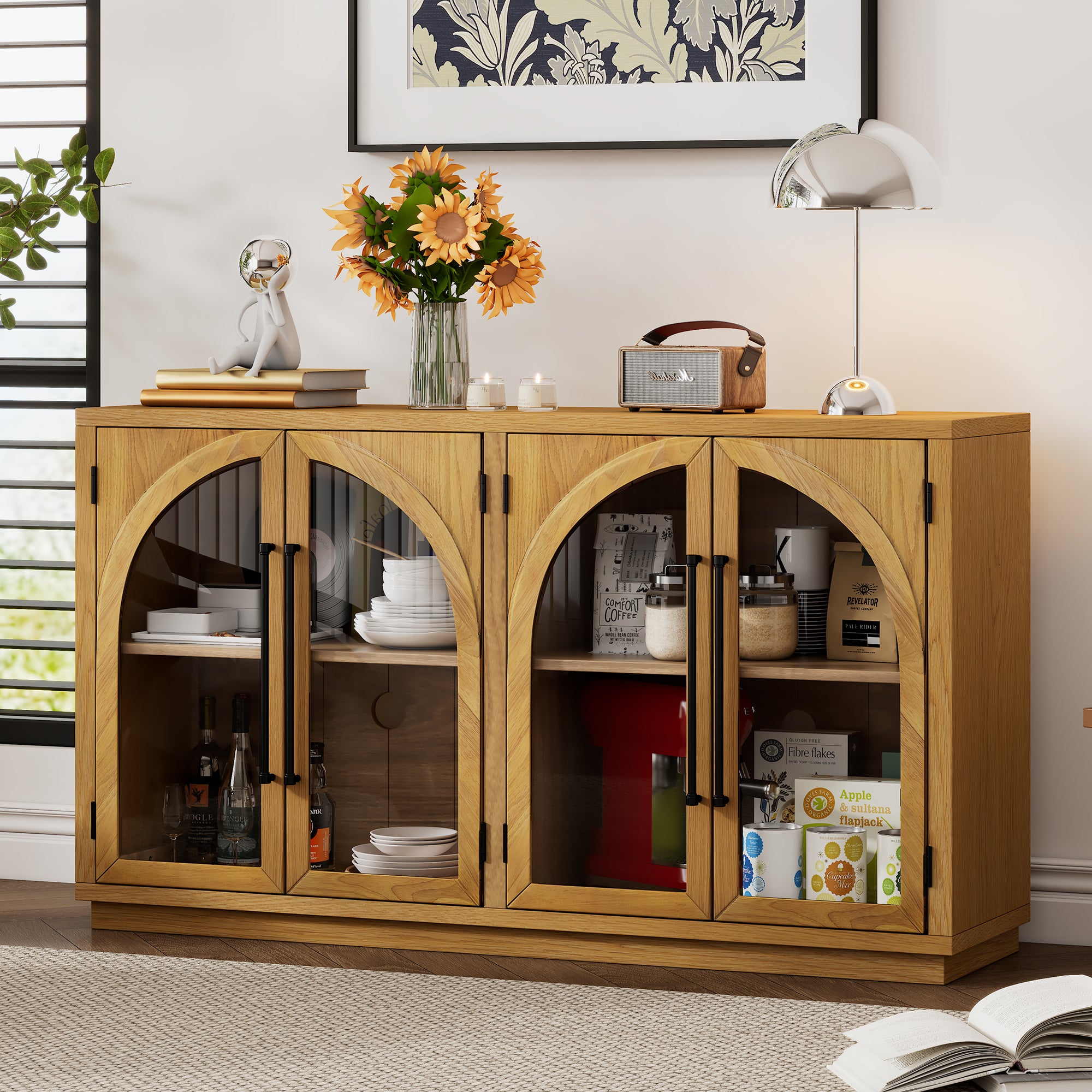 Arched Glass Sideboard Buffet, 60 in Natural Wood, 4 Doors