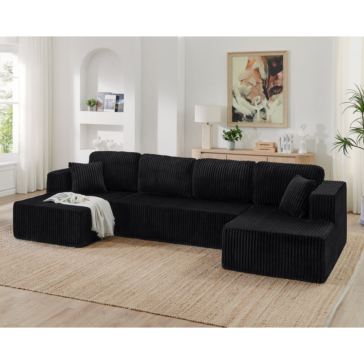 Black U-Shaped Modular Sectional Couch, No Assembly