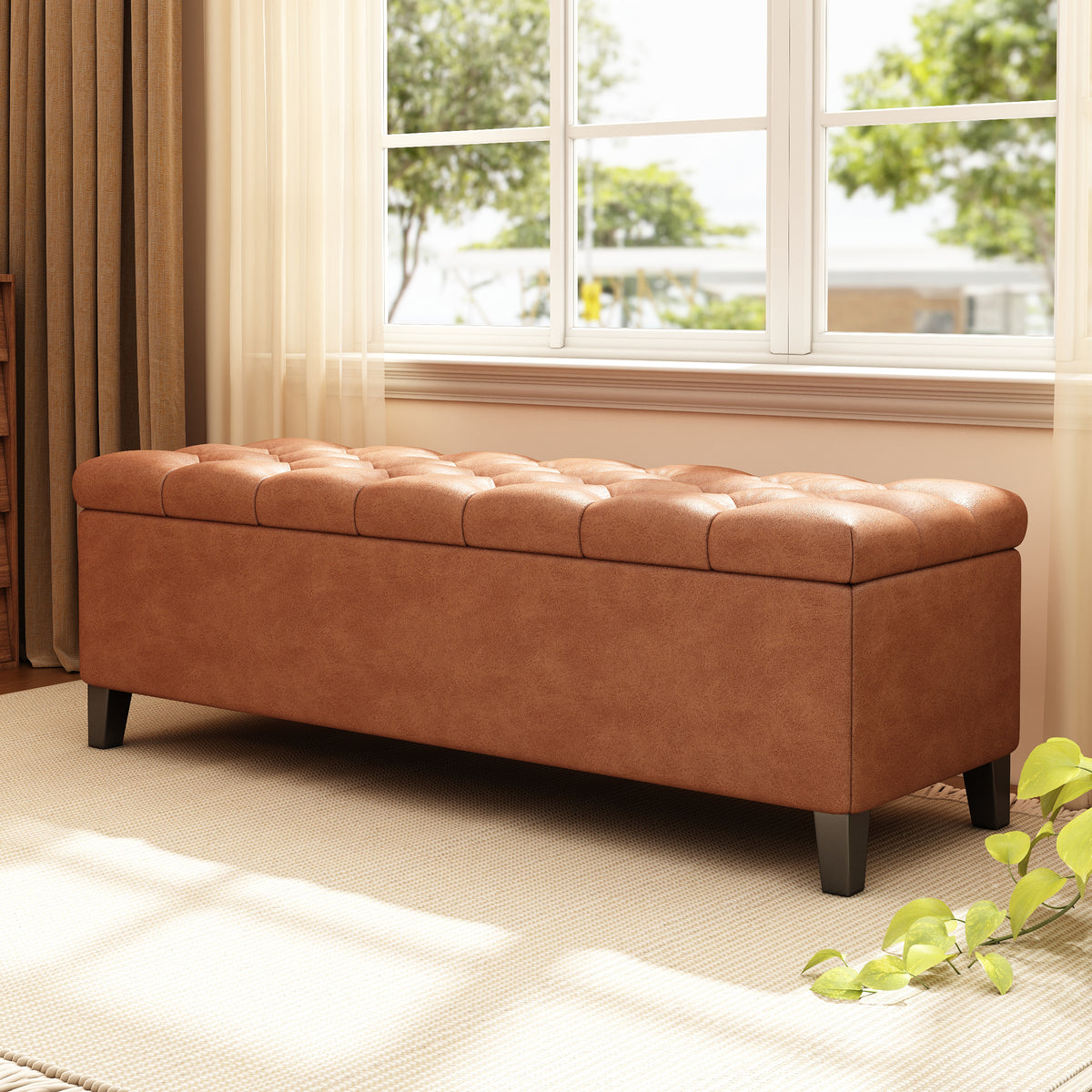 Brown Vegan Leather Tufted Storage Ottoman, 51.3 in