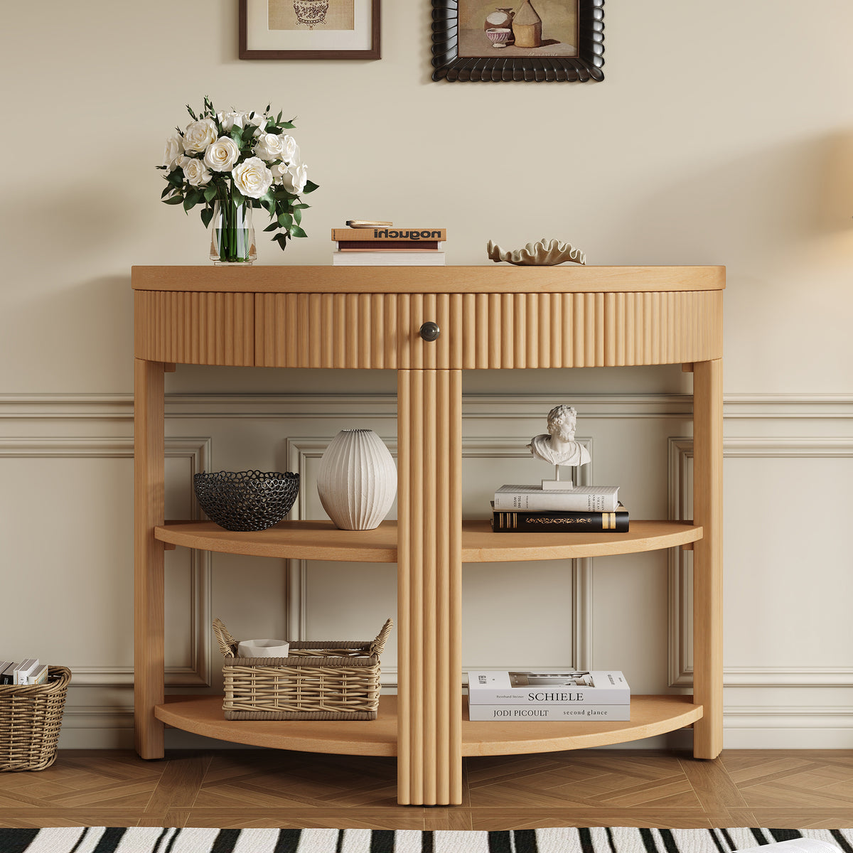 Natural Fluted Entryway Console Table with Storage, 37 in Wide