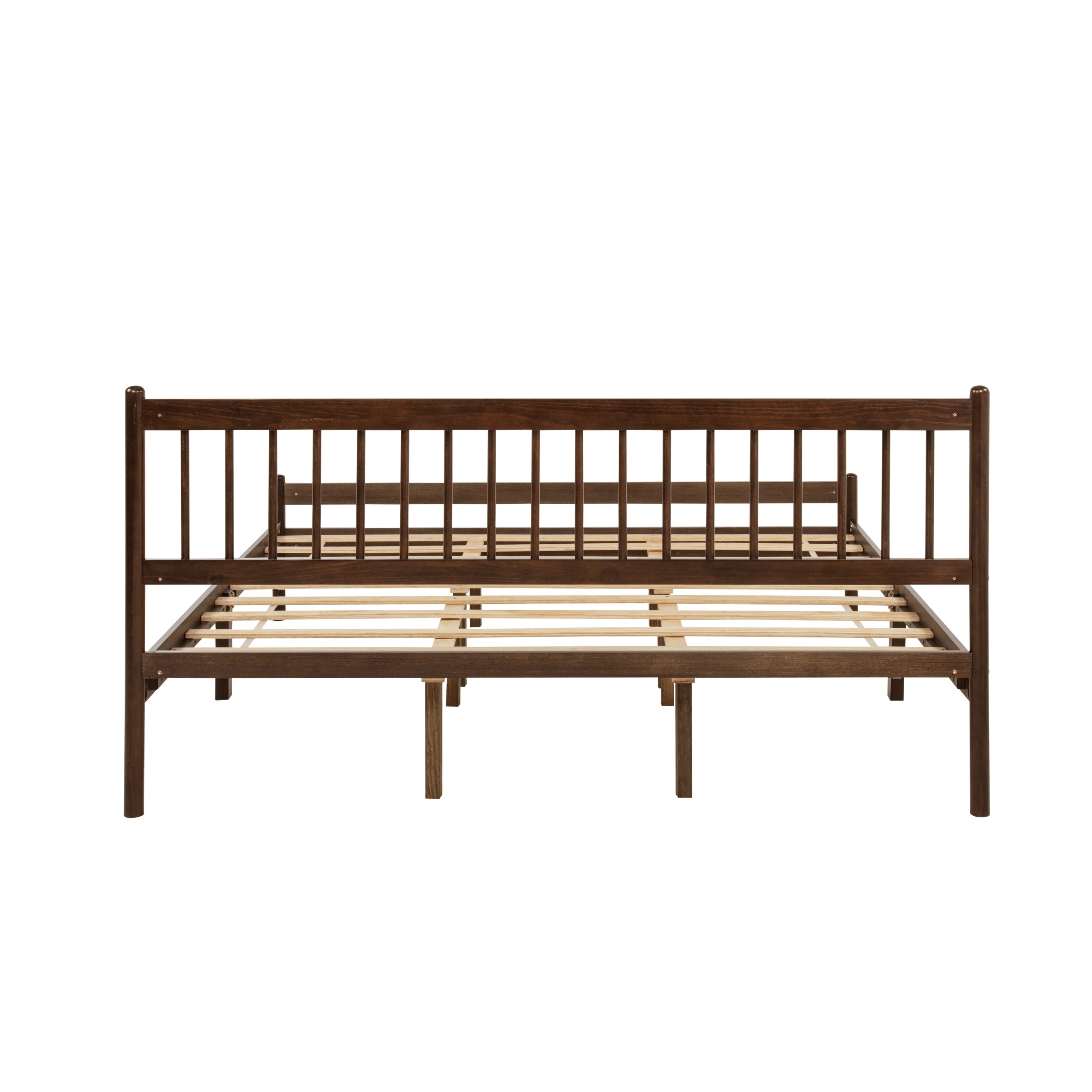 Front-angled studio shot of bare walnut king bed frame
