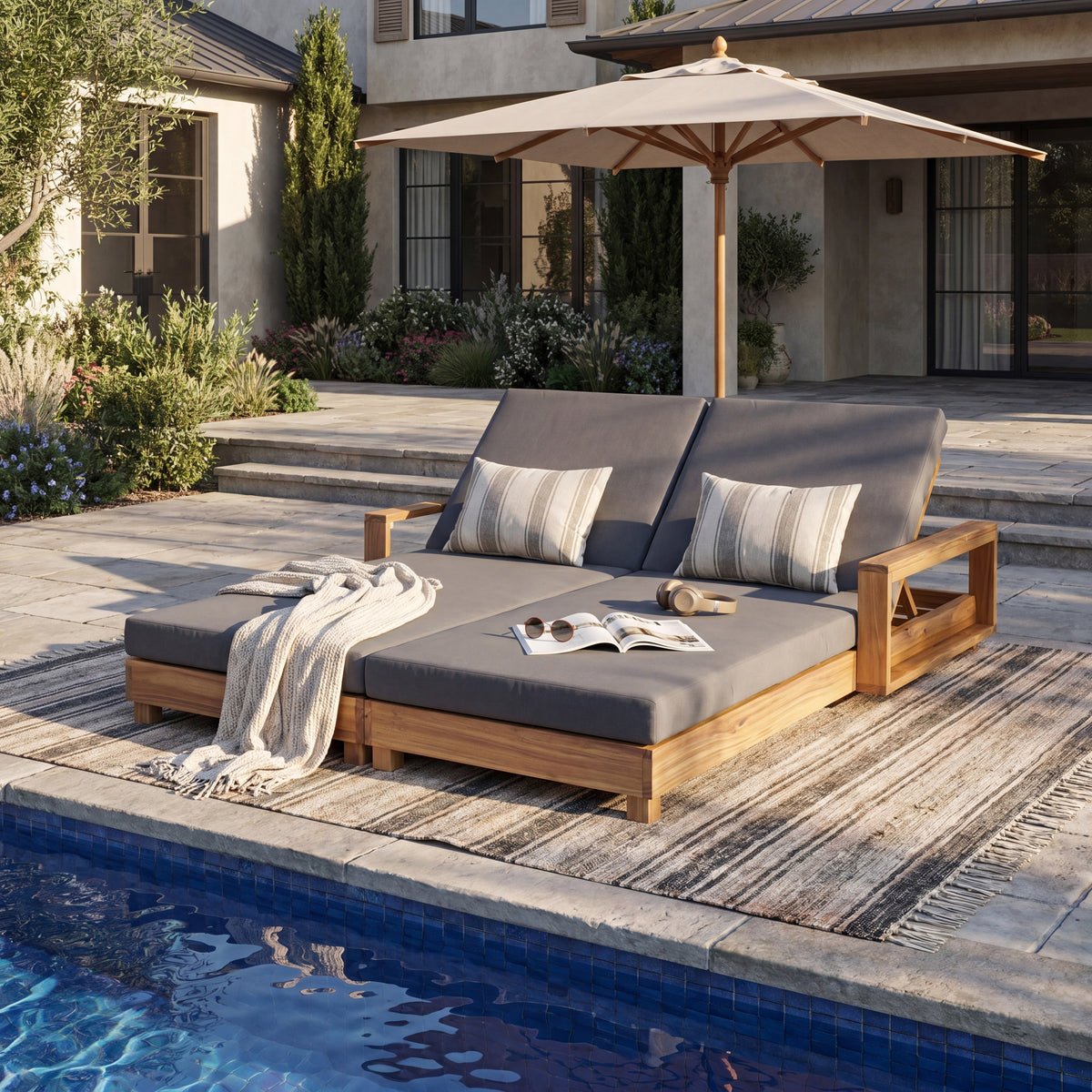 Natural Solid Wood Adjustable Outdoor Double Chaise Lounge, Dark Gray Cushion