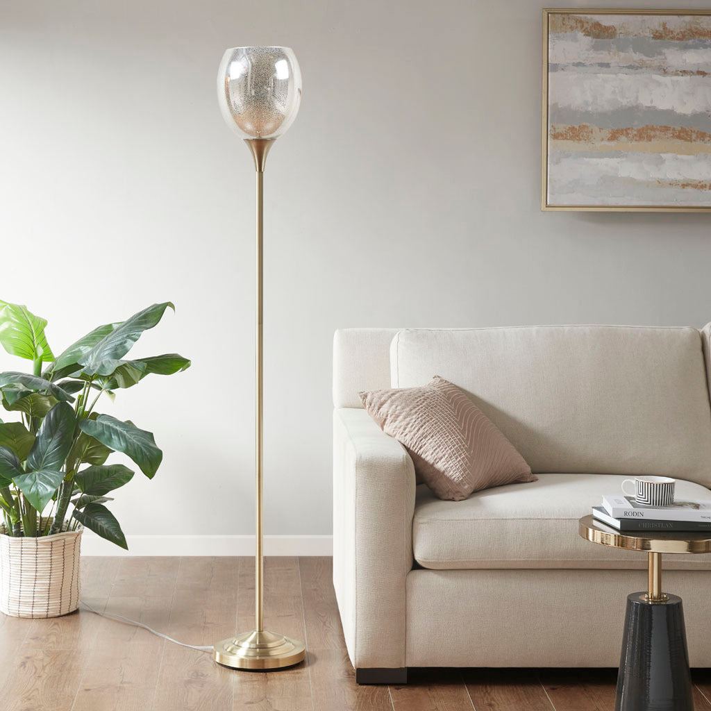 Floor Lamp with Uplight Design and Glass Shade, Antique Brass