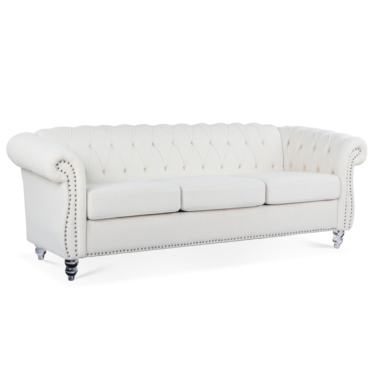 White Velvet 3-Seat Chesterfield Sofa, 84.7 in Wide