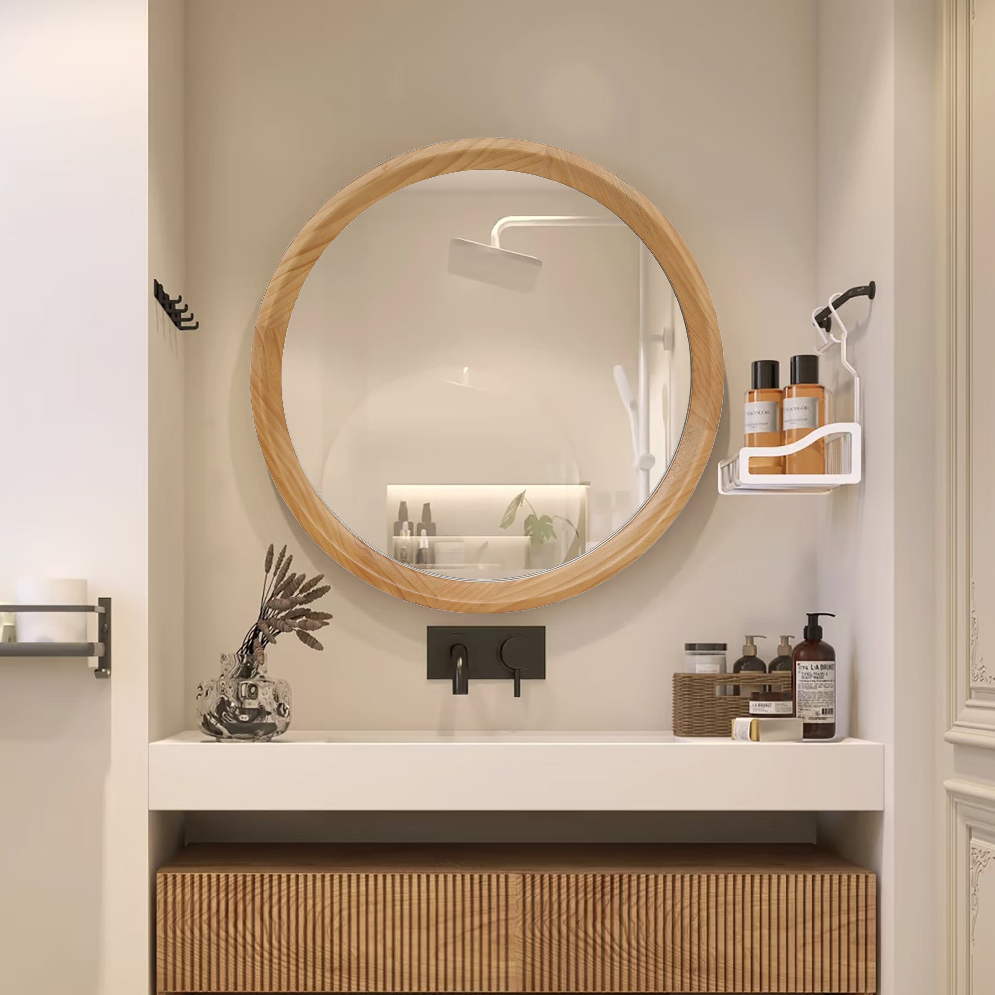 23.6 Inch Round Vanity Mirror, Minimalist Wood Frame