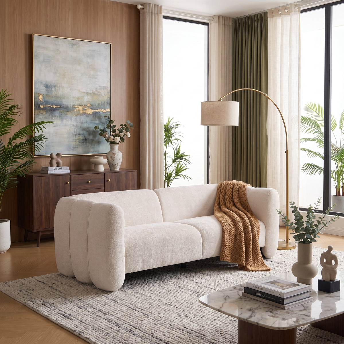 Beige Boucle 3-Seat Couch, 83 in Wide