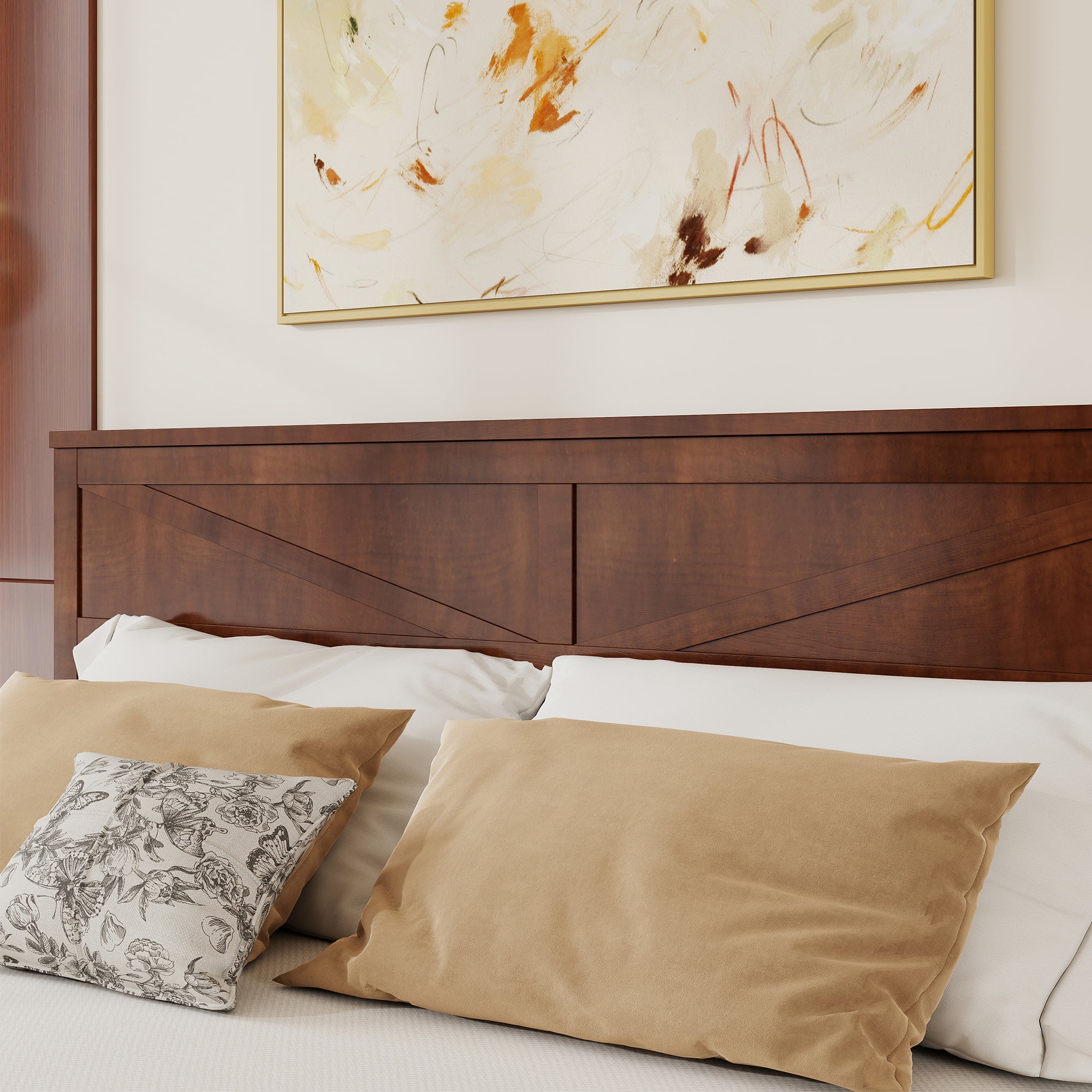 Front view of farmhouse walnut king bed frame on white background